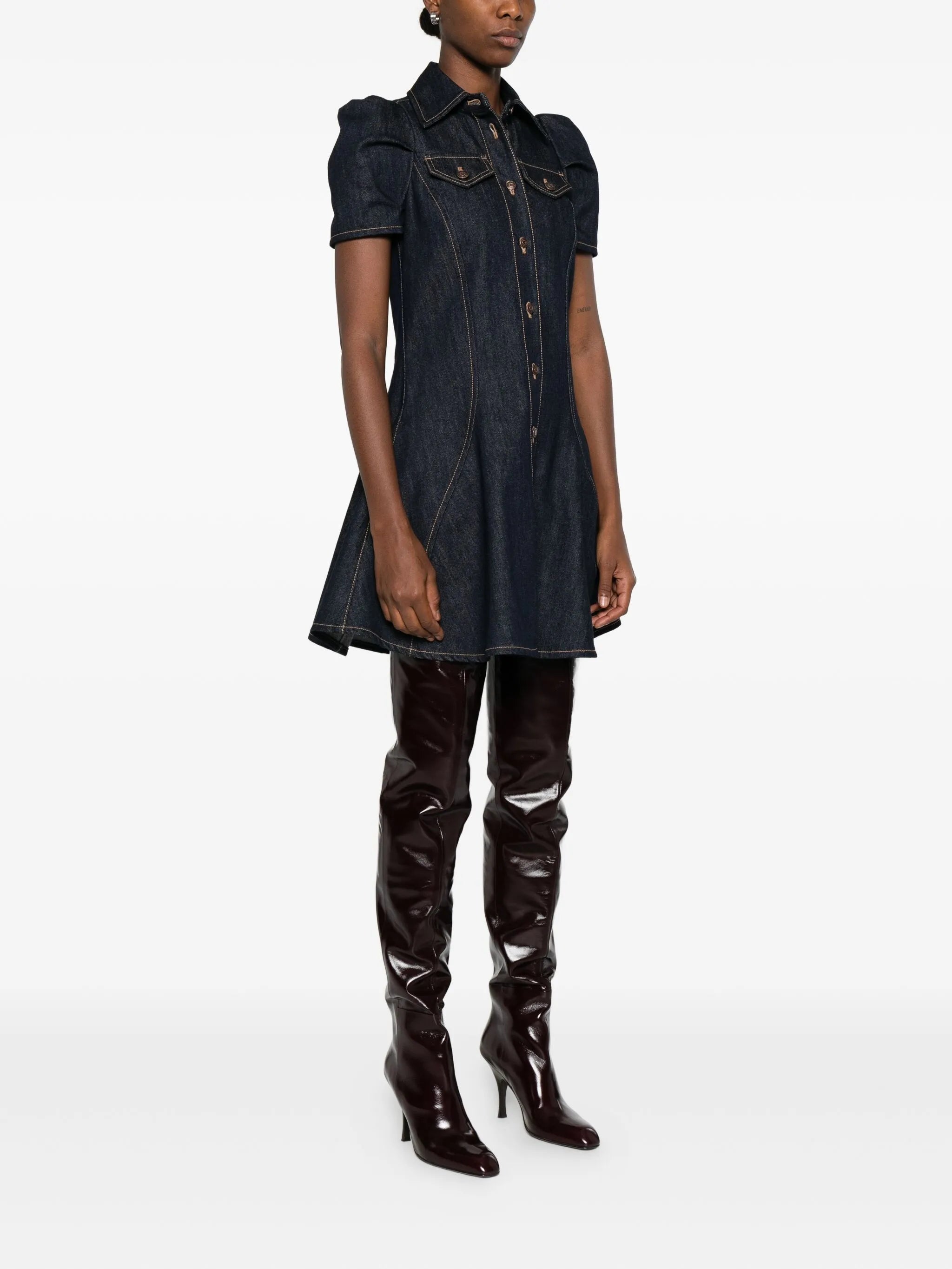 puff-sleeve button-front denim dress