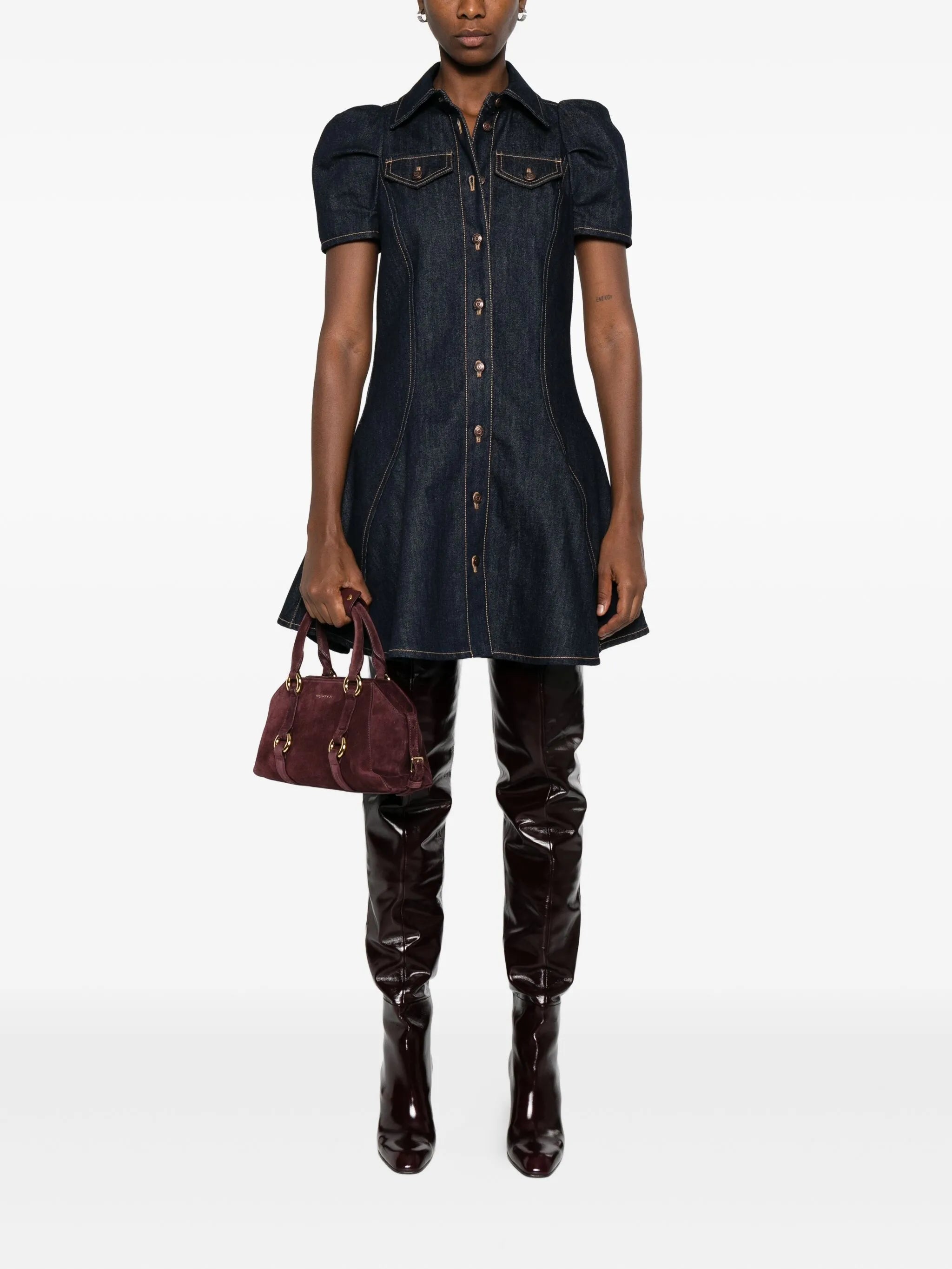 puff-sleeve button-front denim dress