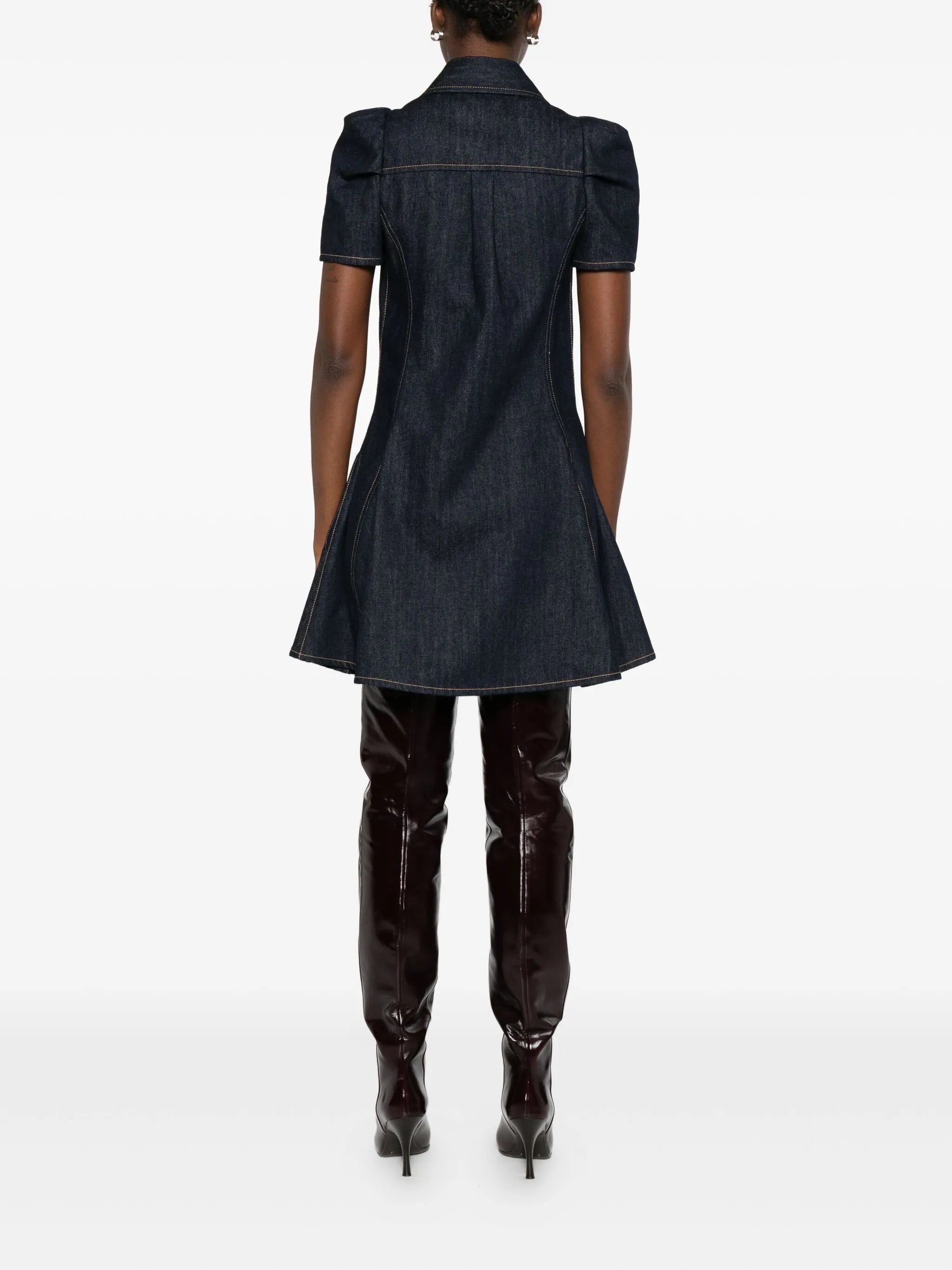 puff-sleeve button-front denim dress