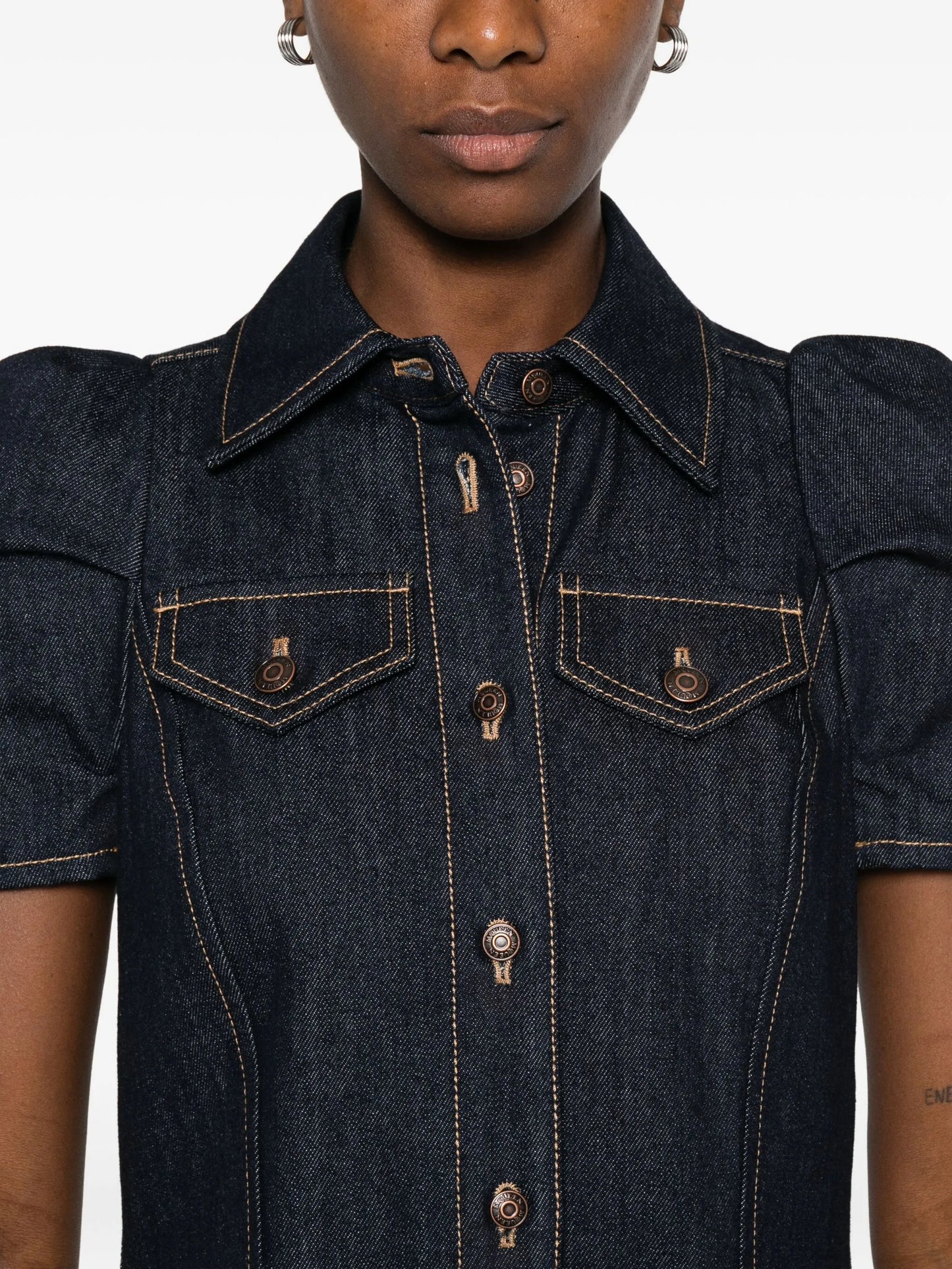 puff-sleeve button-front denim mini dress