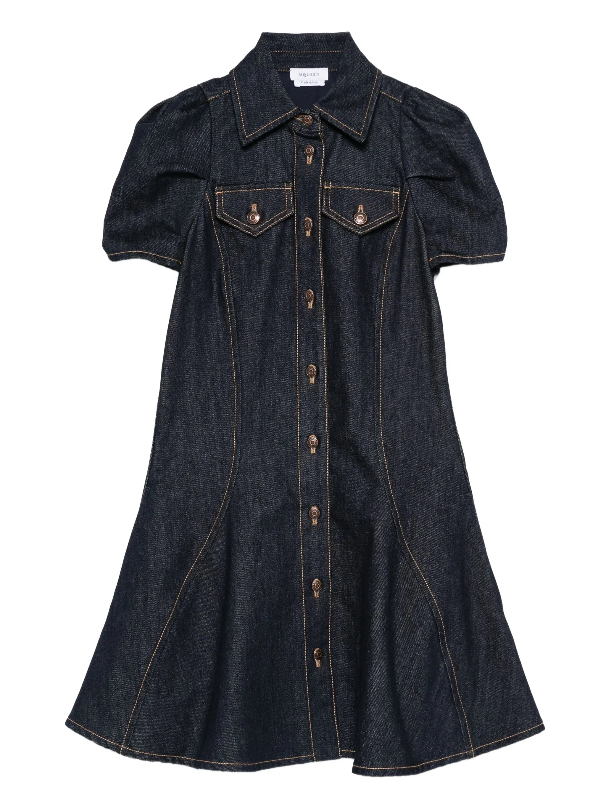 puff-sleeve button-front denim dress