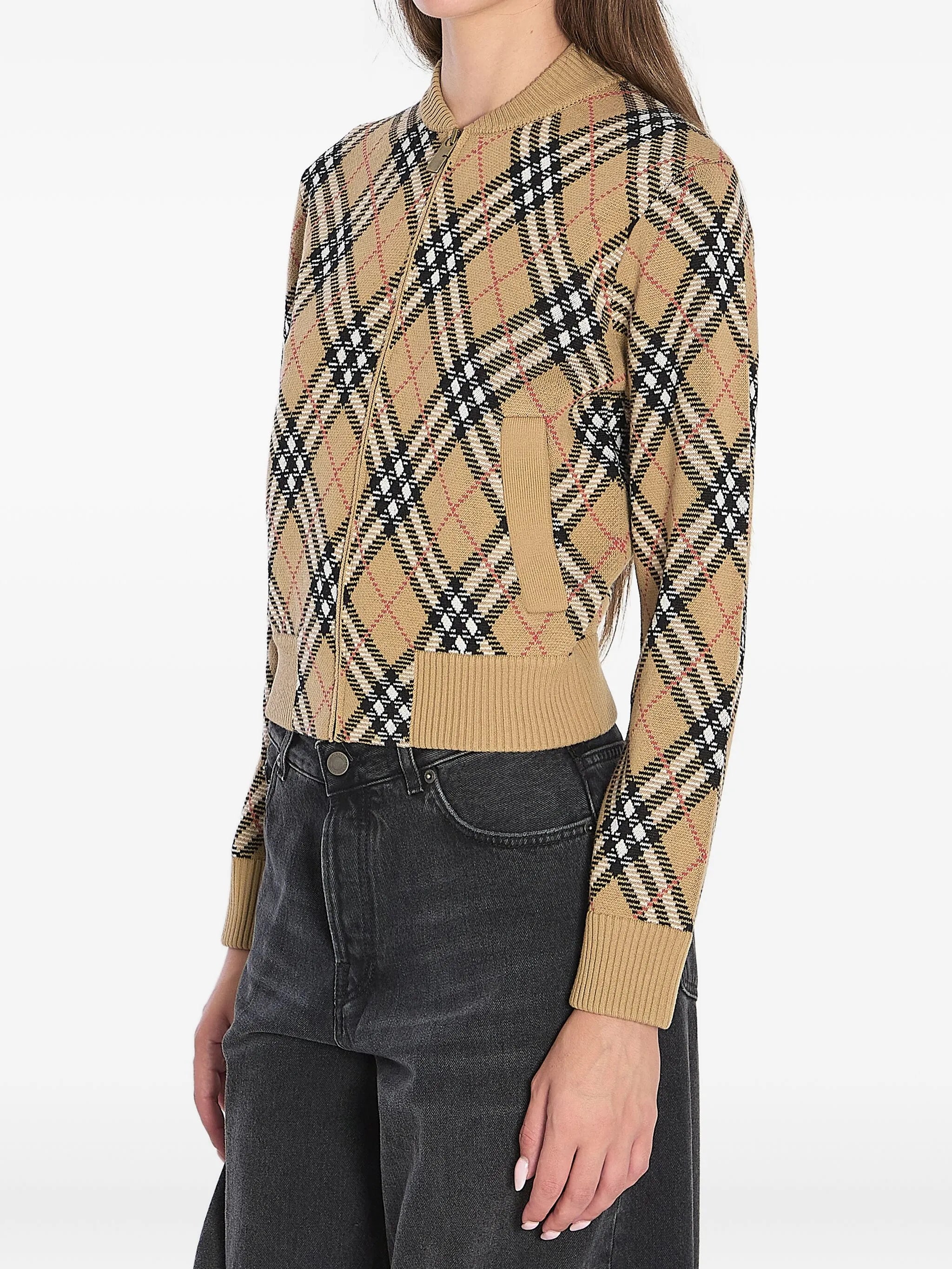 checked zip-up cardigan