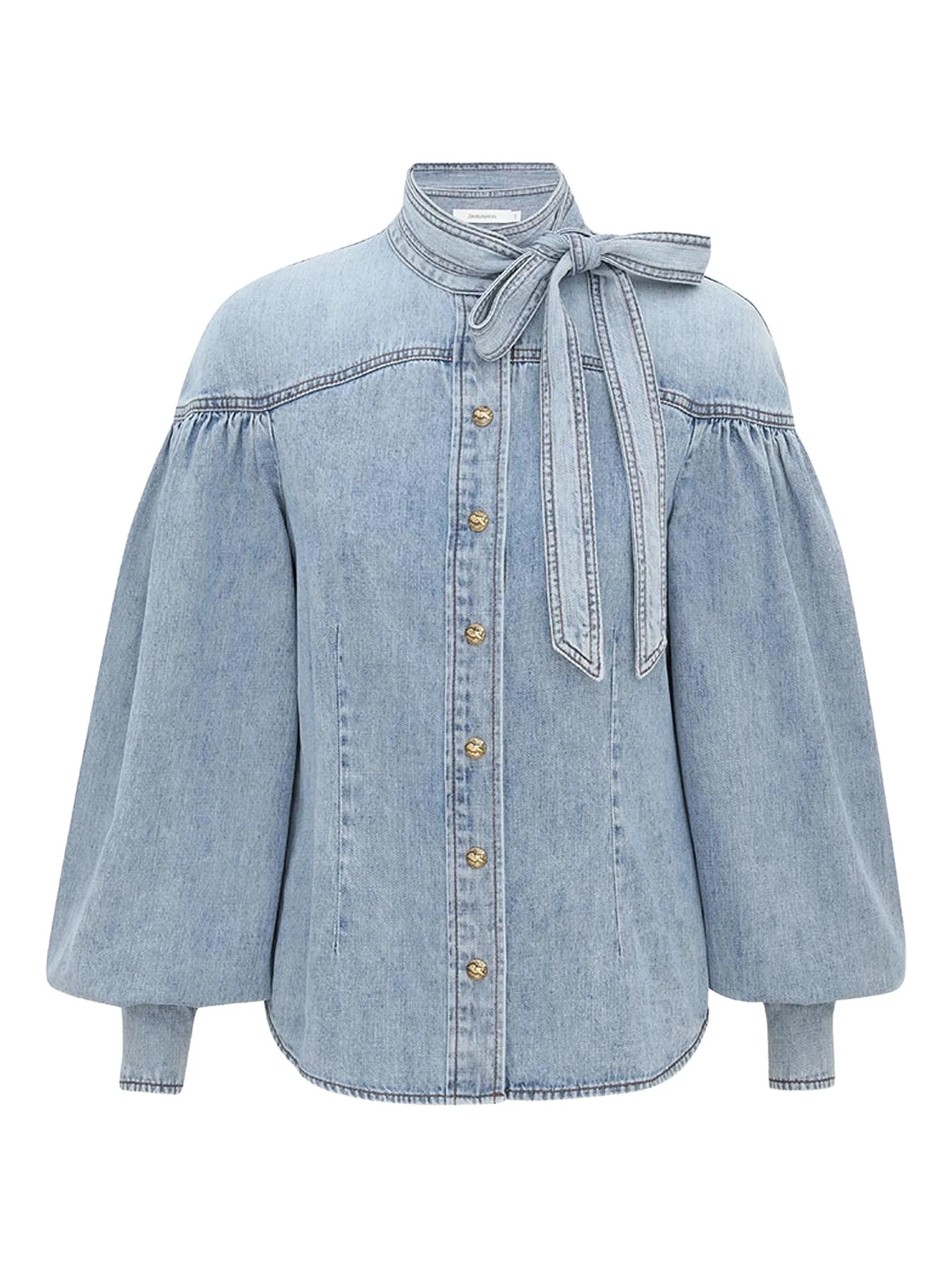 balloon-sleeve tie-neck shirt