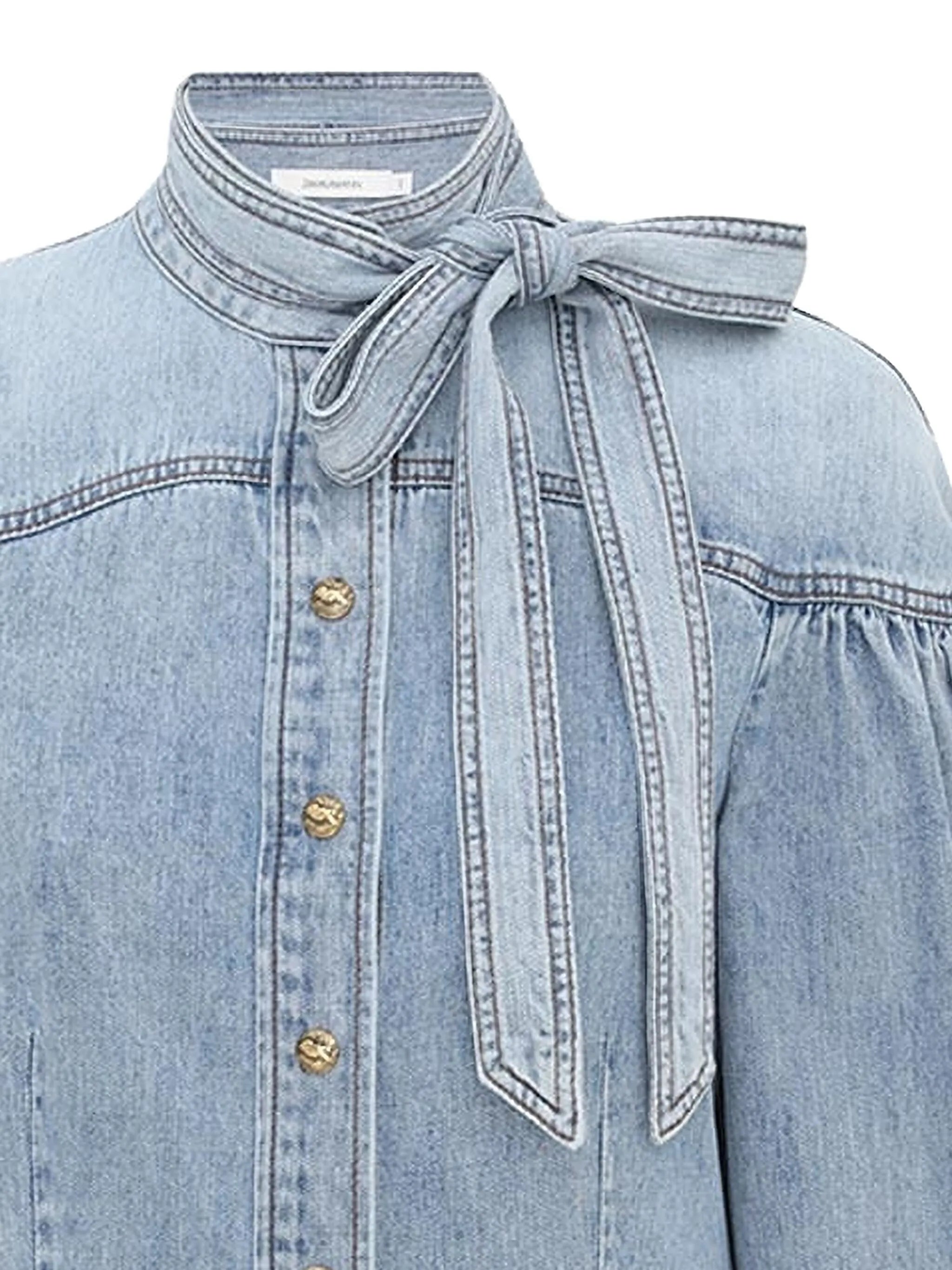 balloon-sleeve tie-neck shirt
