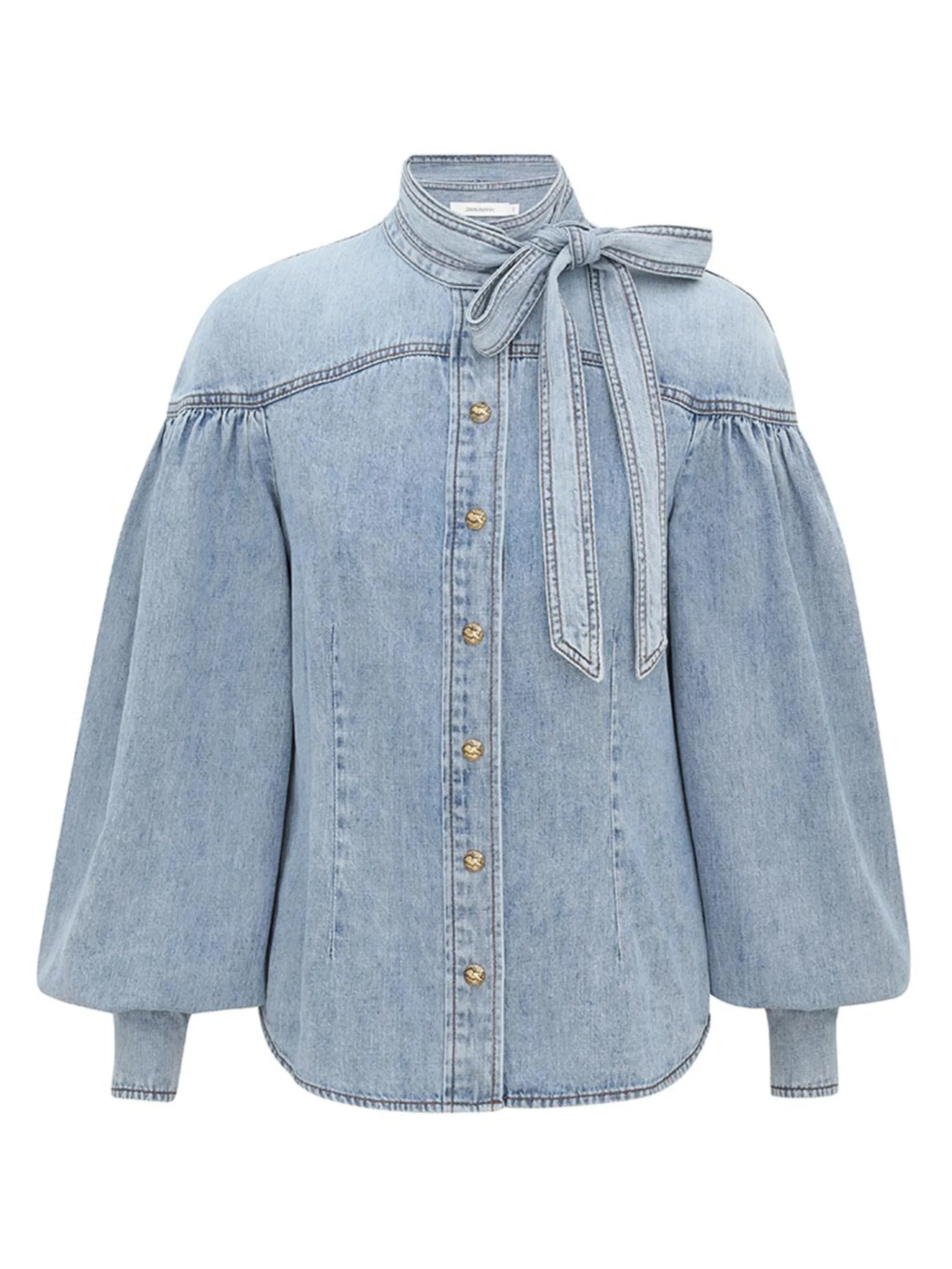 balloon-sleeve tie-neck shirt