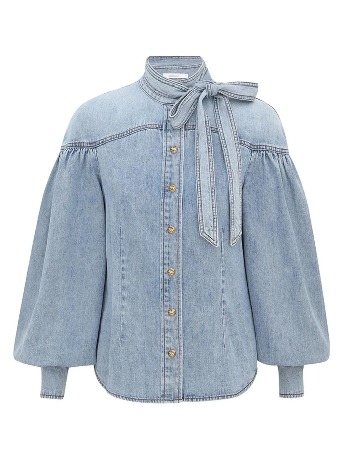 balloon-sleeve tie-neck shirt