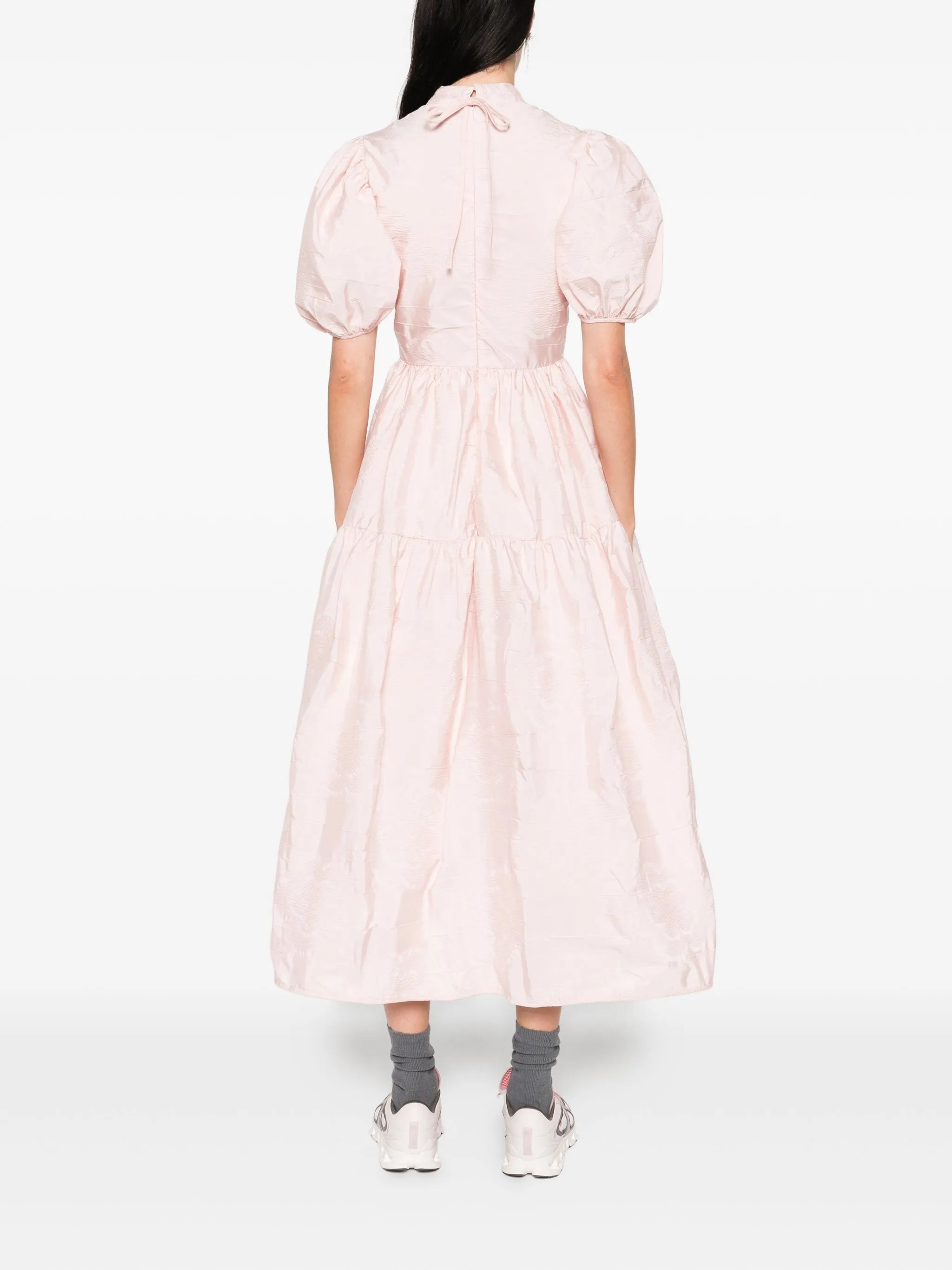 puff-sleeve tiered midi dress
