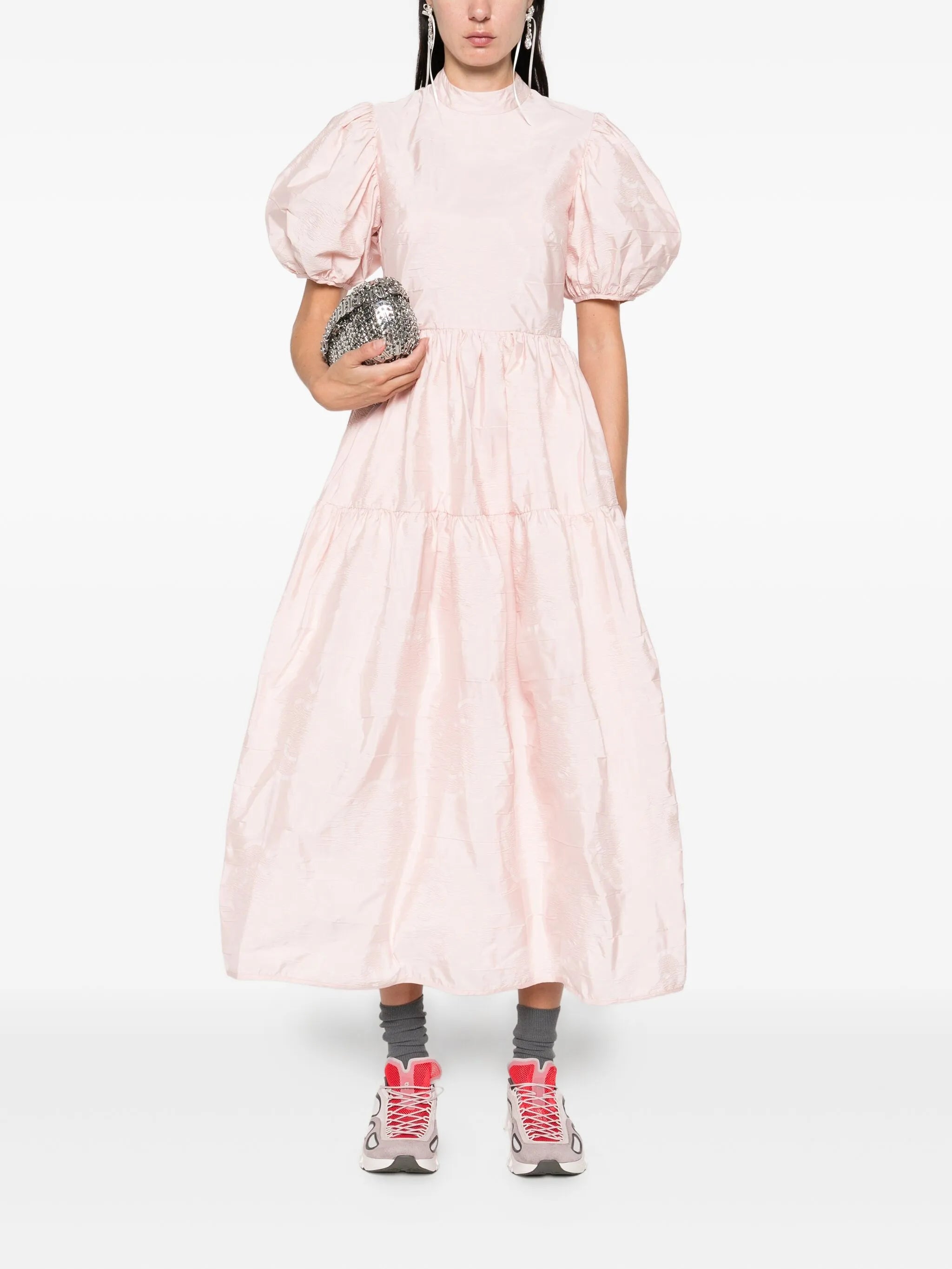 puff-sleeve tiered midi dress