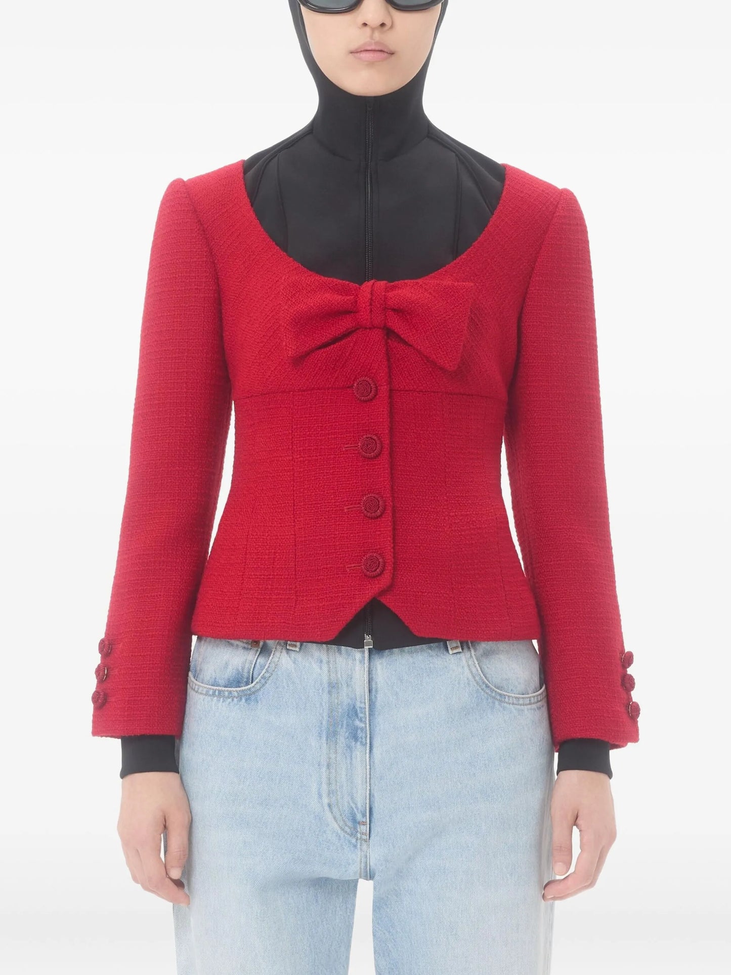 bow-detail tweed blazer