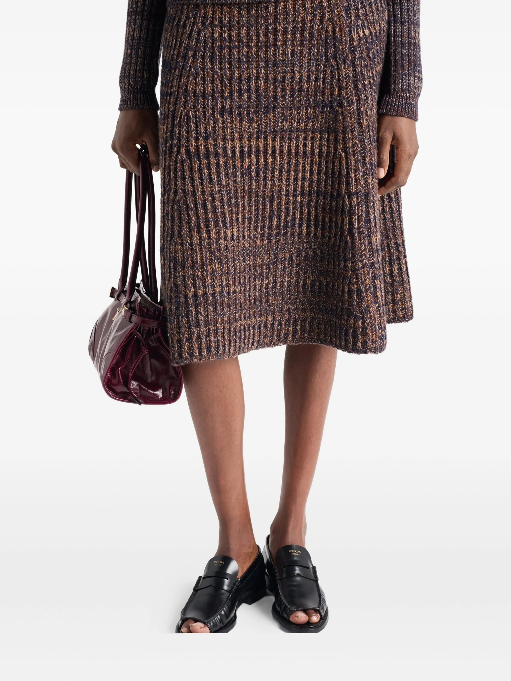 ribbed flared knit midi skirt
