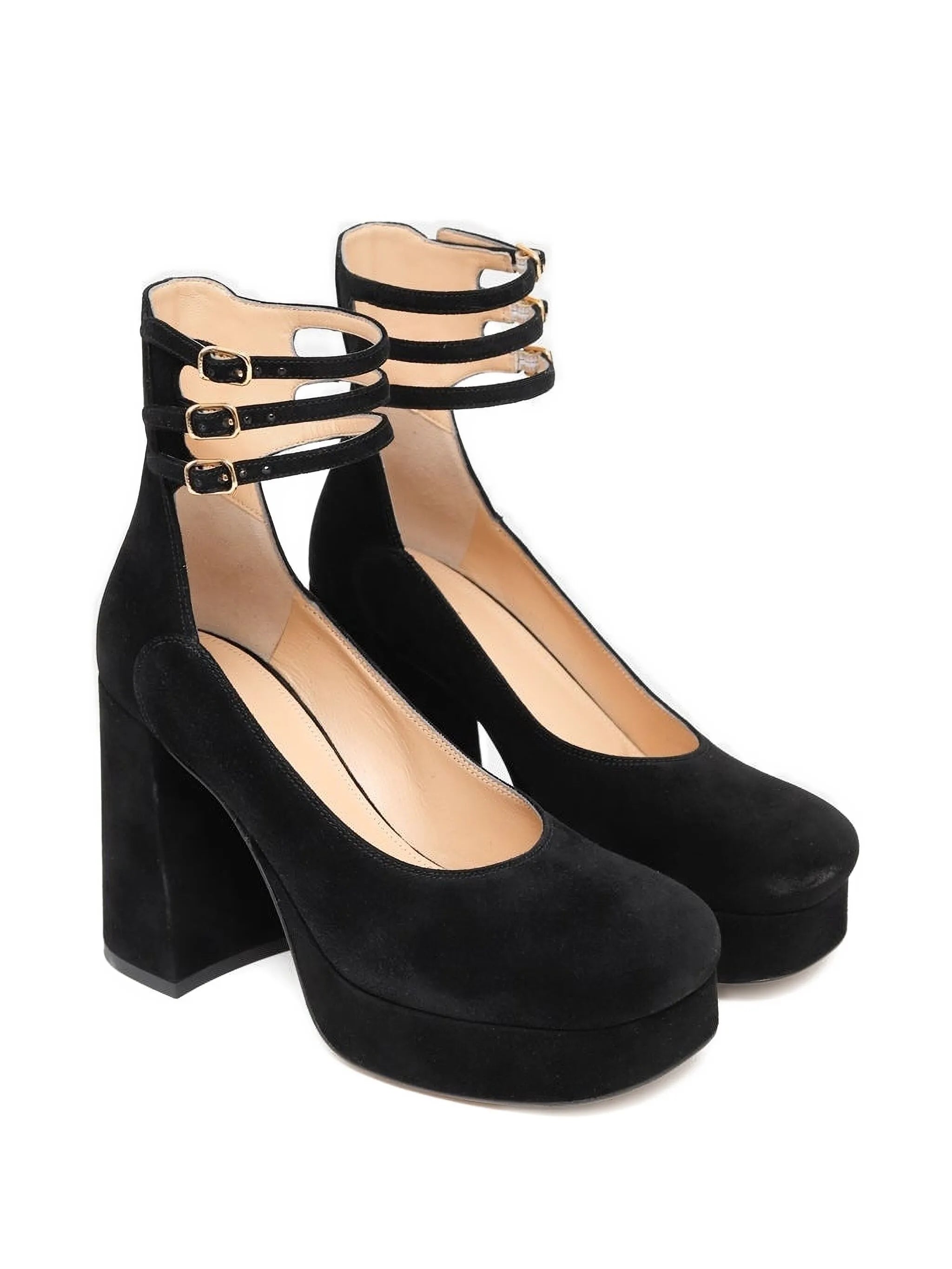 triple-buckle platform pumps