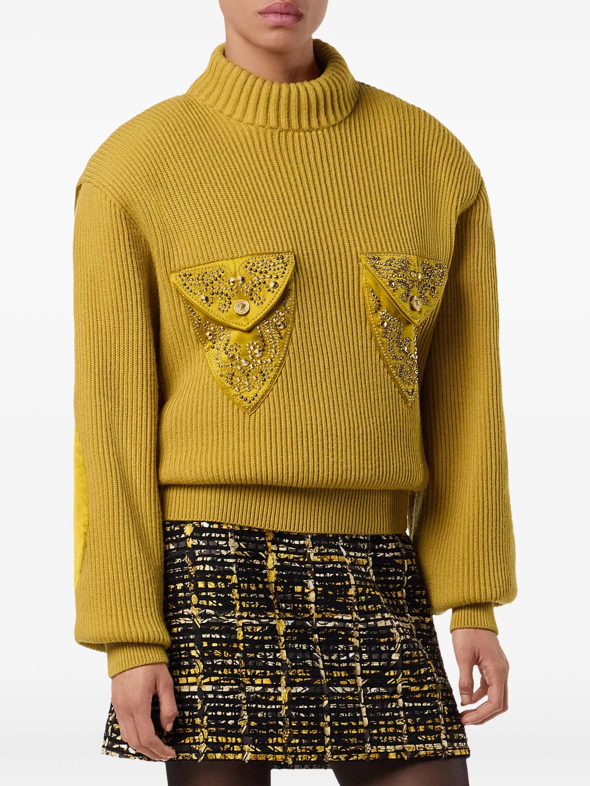 embellished-pocket ribbed sweater