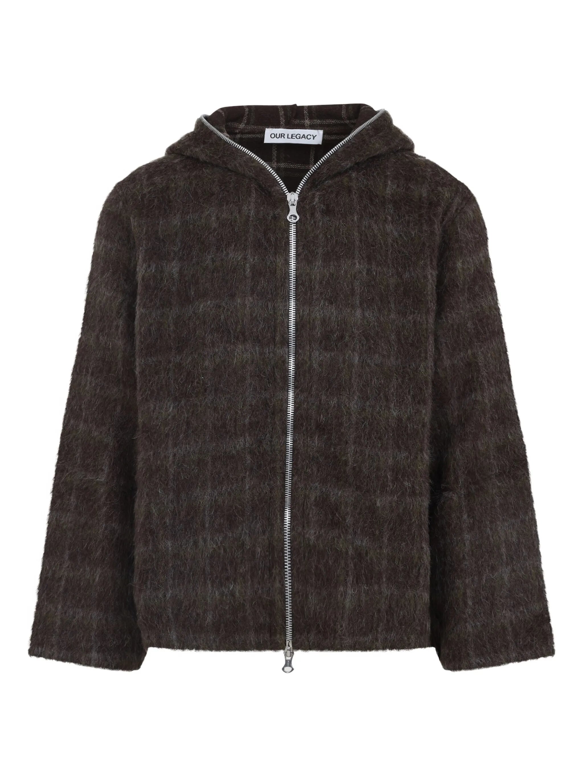 check-pattern wool zip-up hoodie