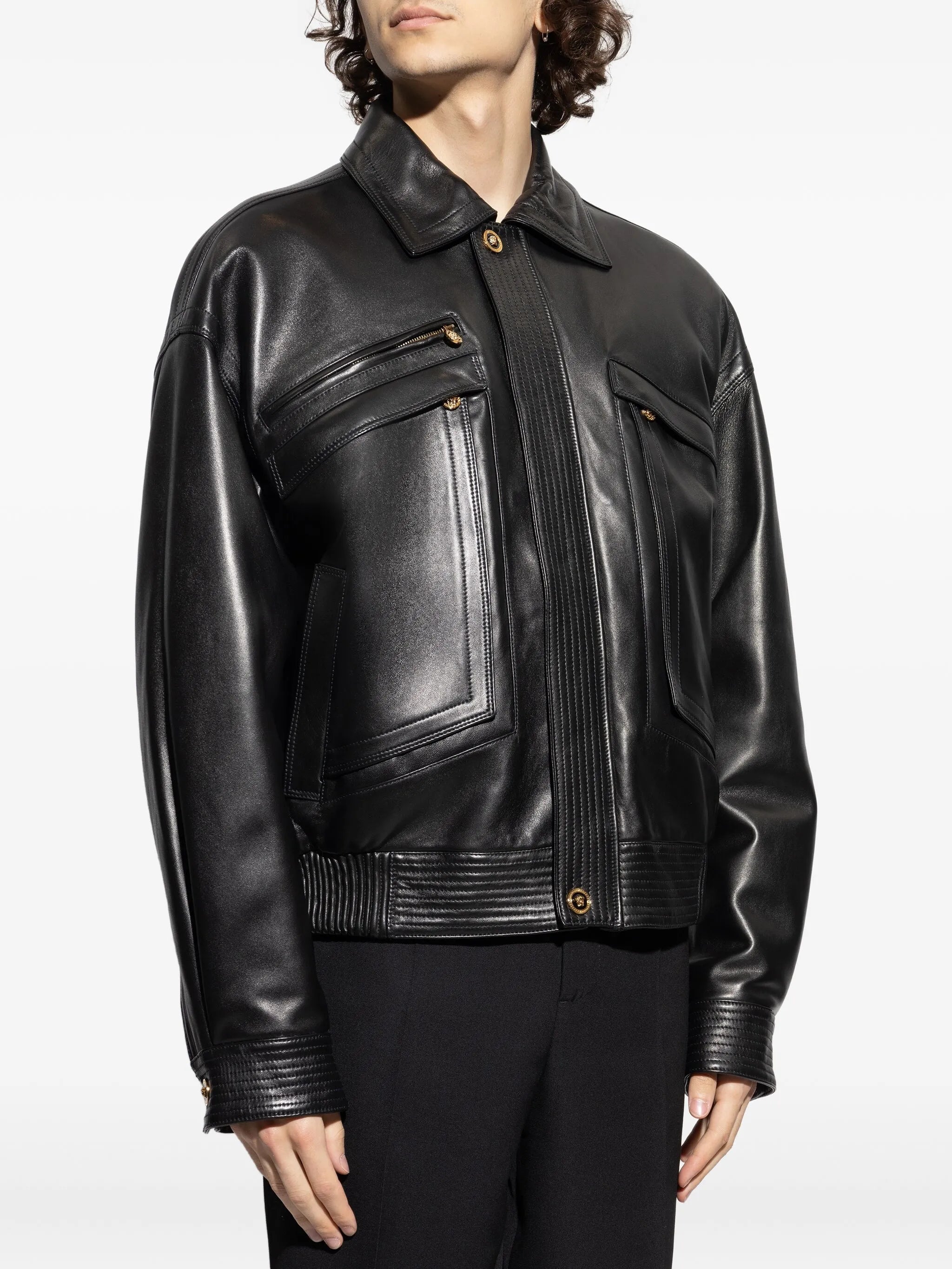 flap-pocket leather jacket