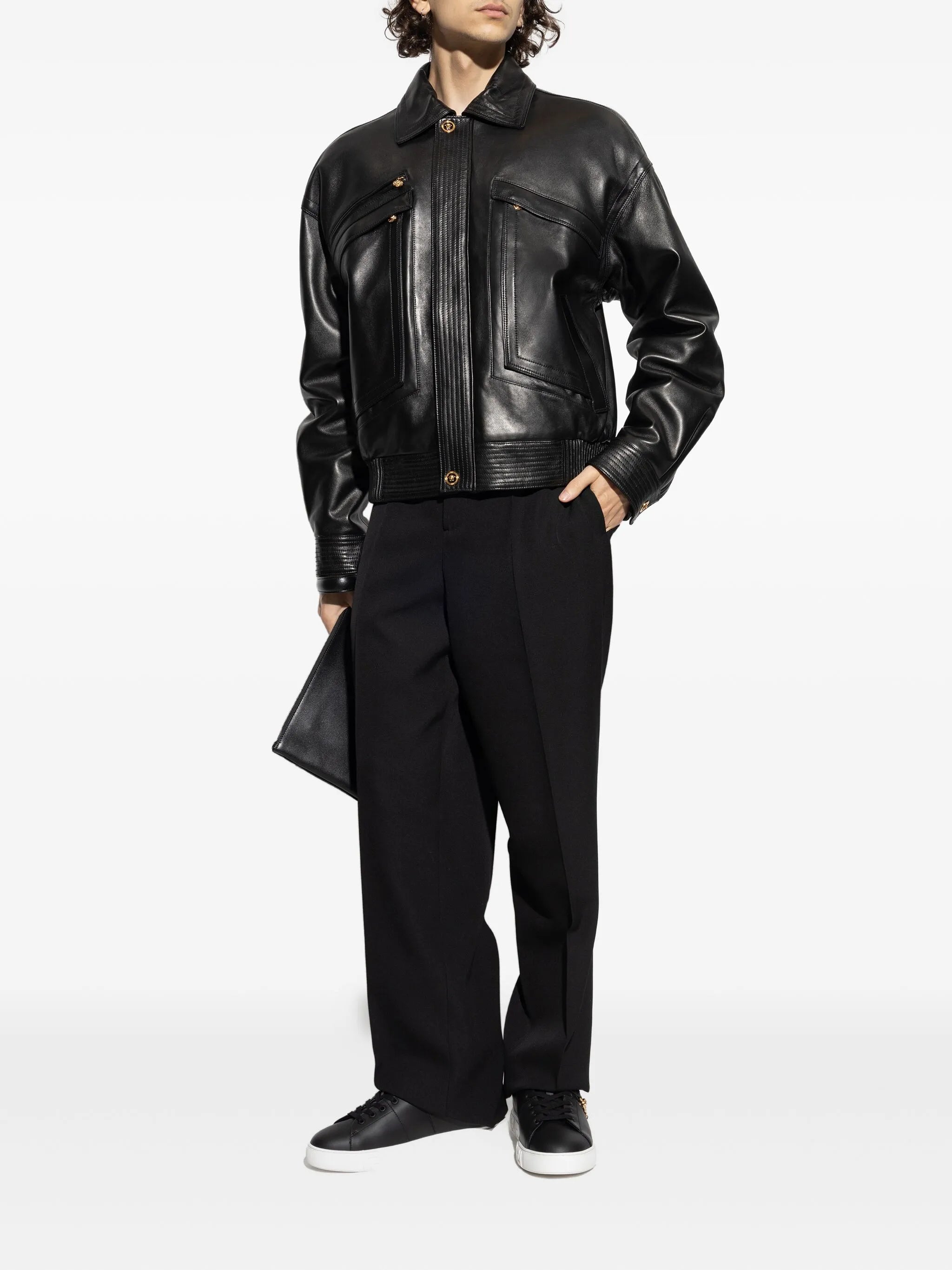 flap-pocket leather jacket