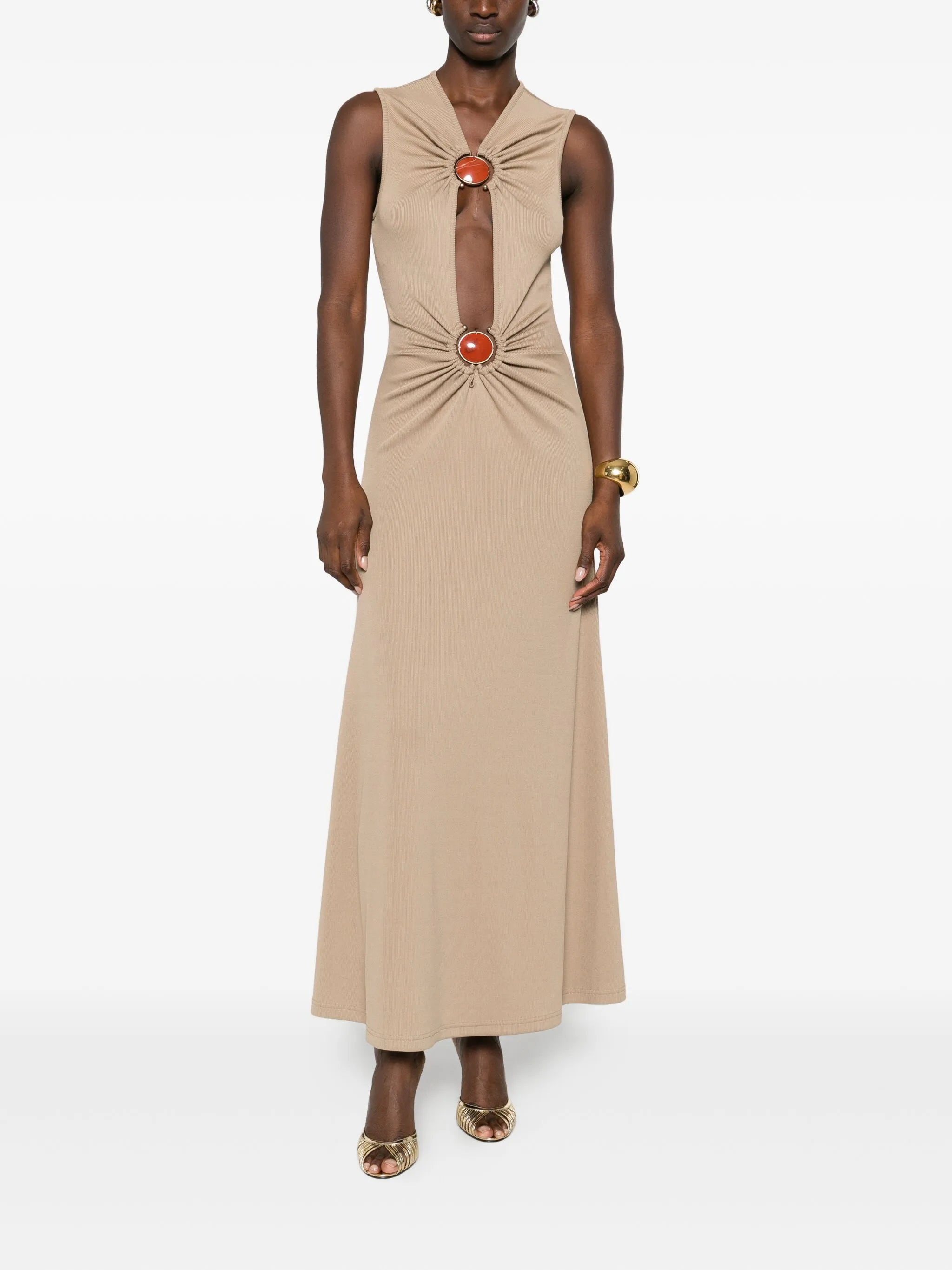 stone-detail ruched maxi dress