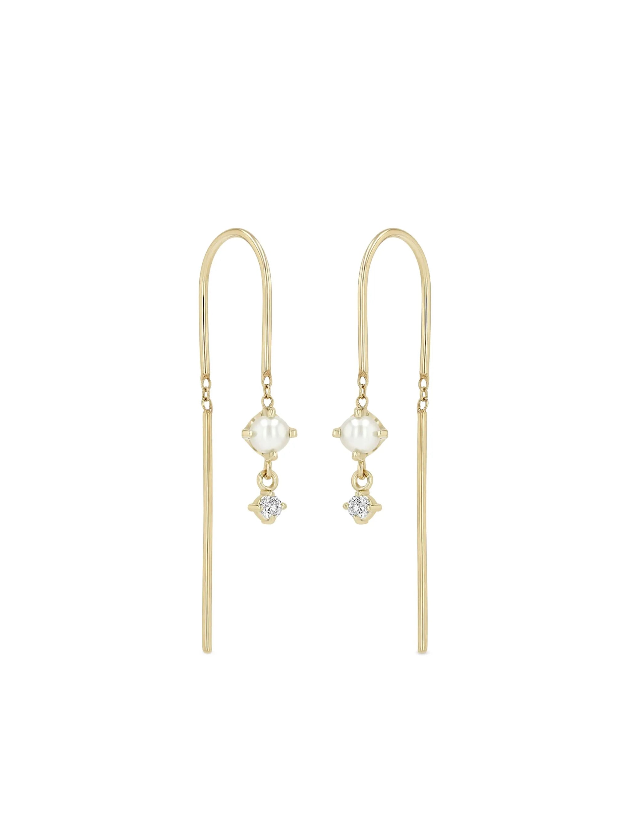 14K yellow gold Wire diamond and pearl earrings