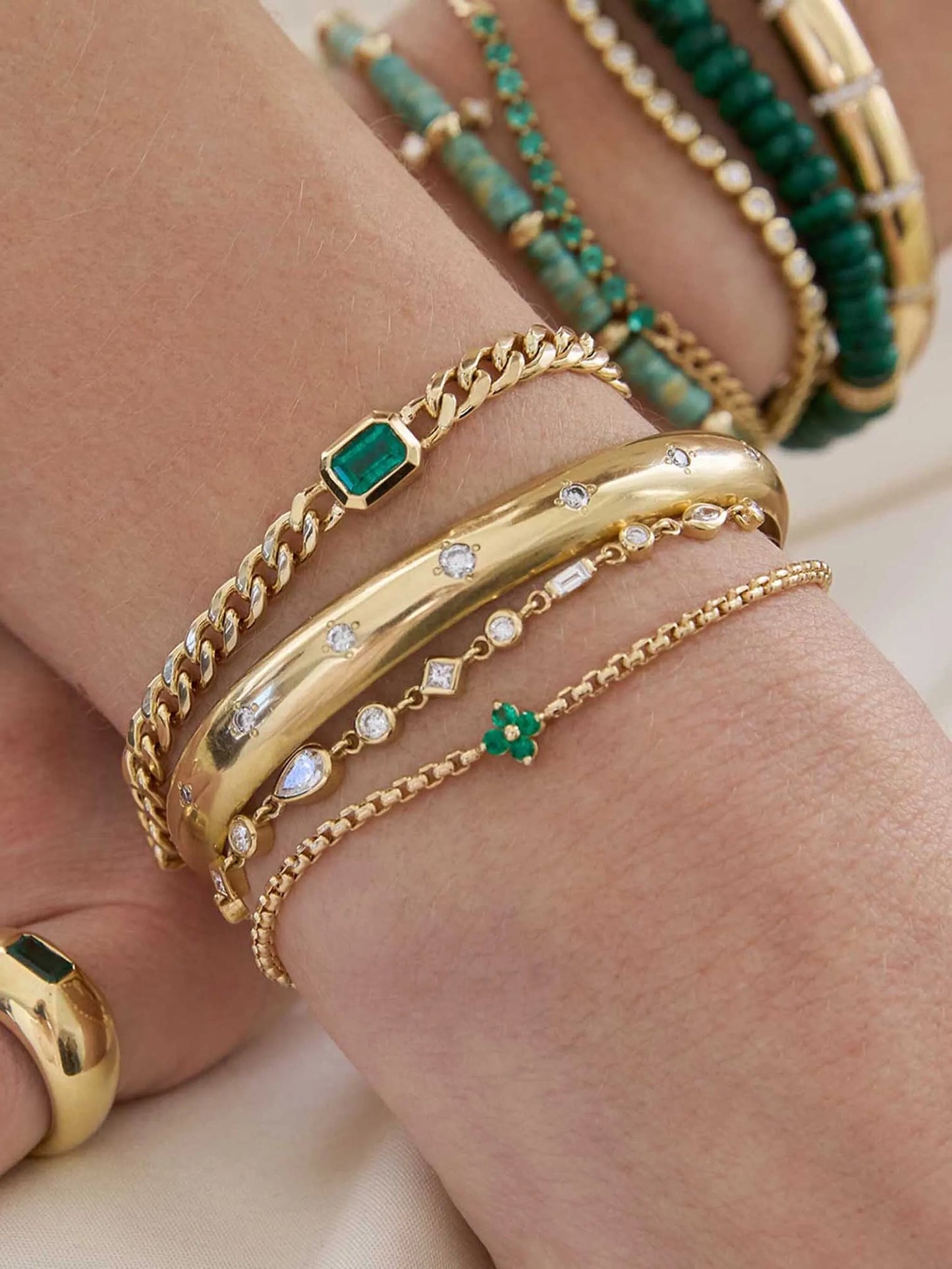 14K Gold Emerald Diamond Box Chain Bracelet
