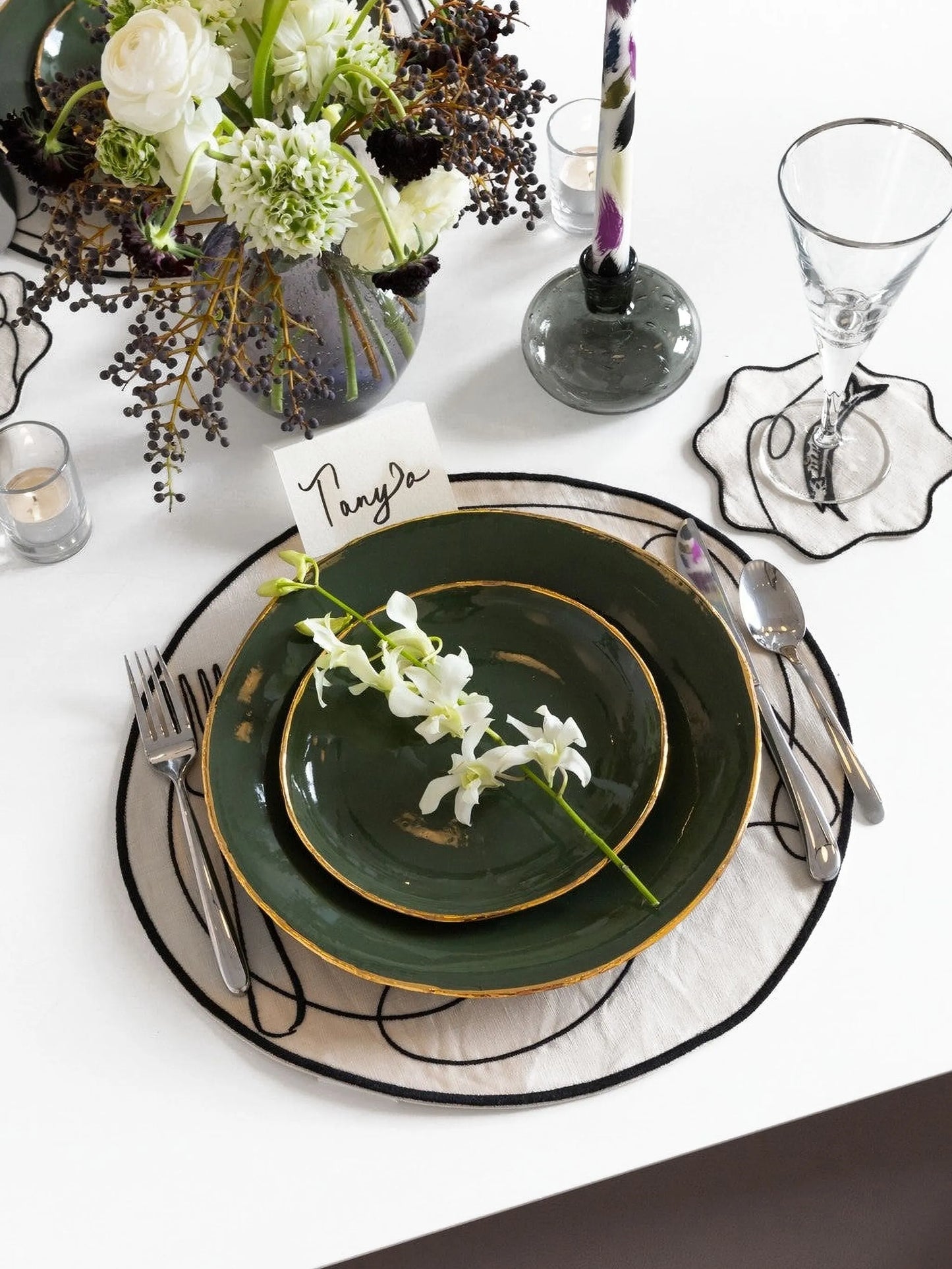 line drawing embroidered linen coasters (set of four)