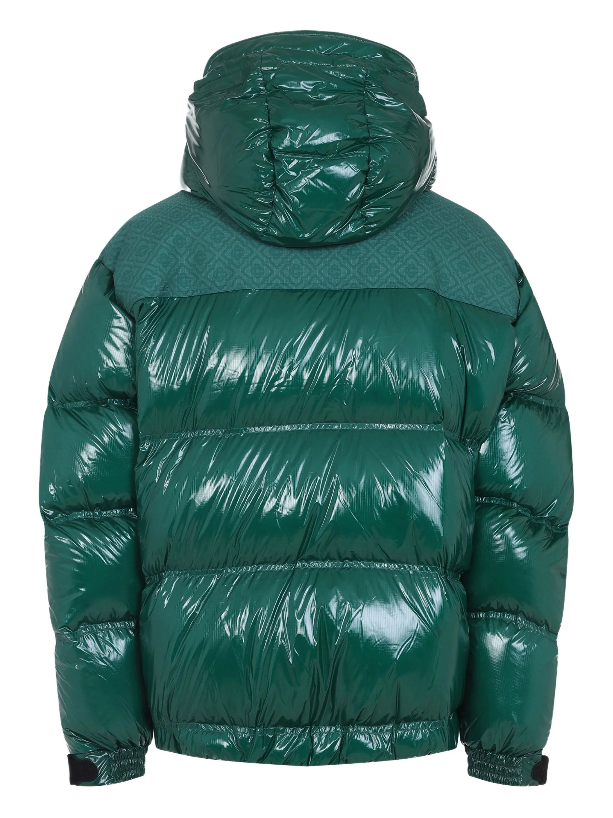 high-shine patterned-panel puffer jacket