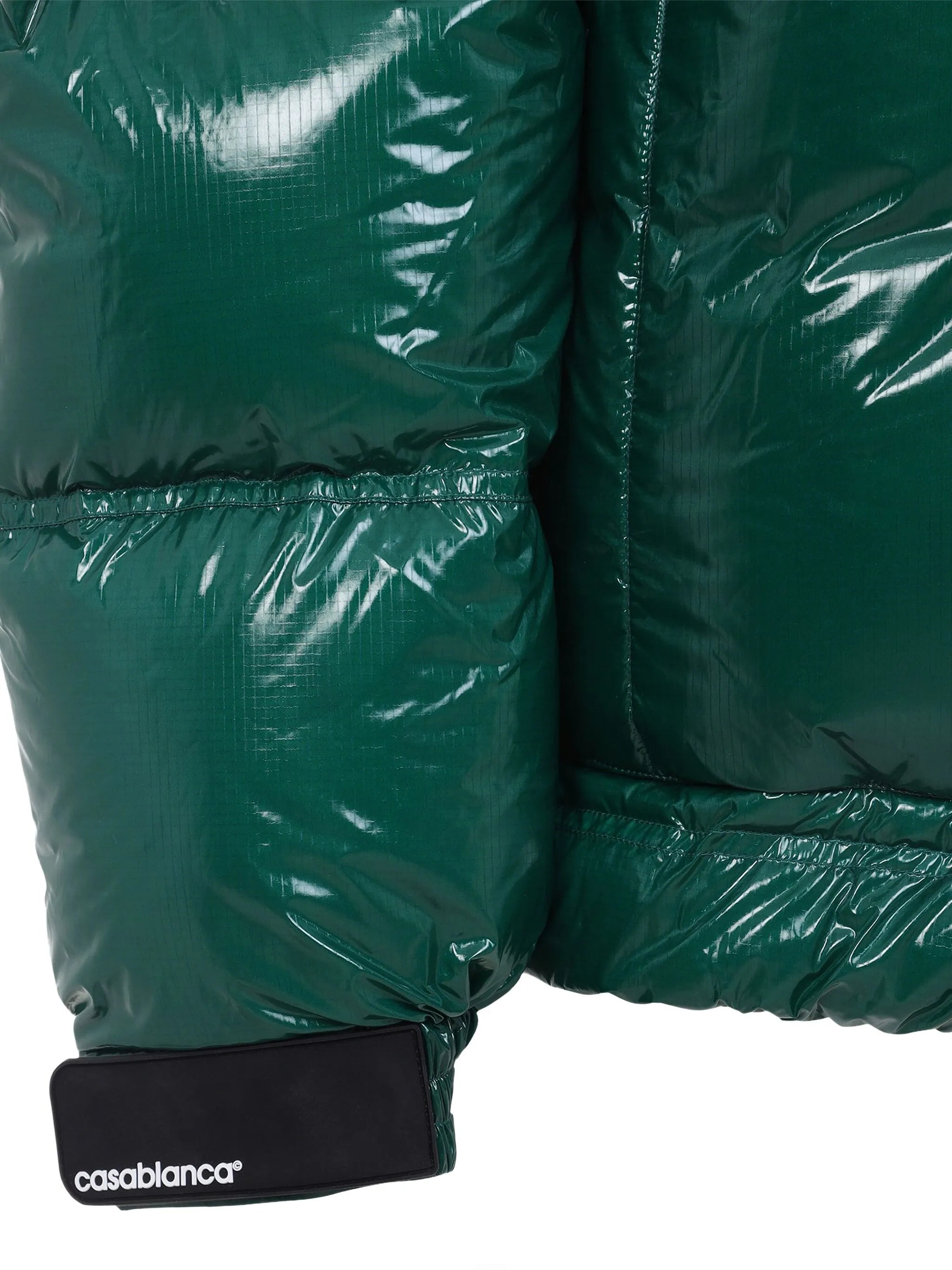 high-shine patterned-panel puffer jacket