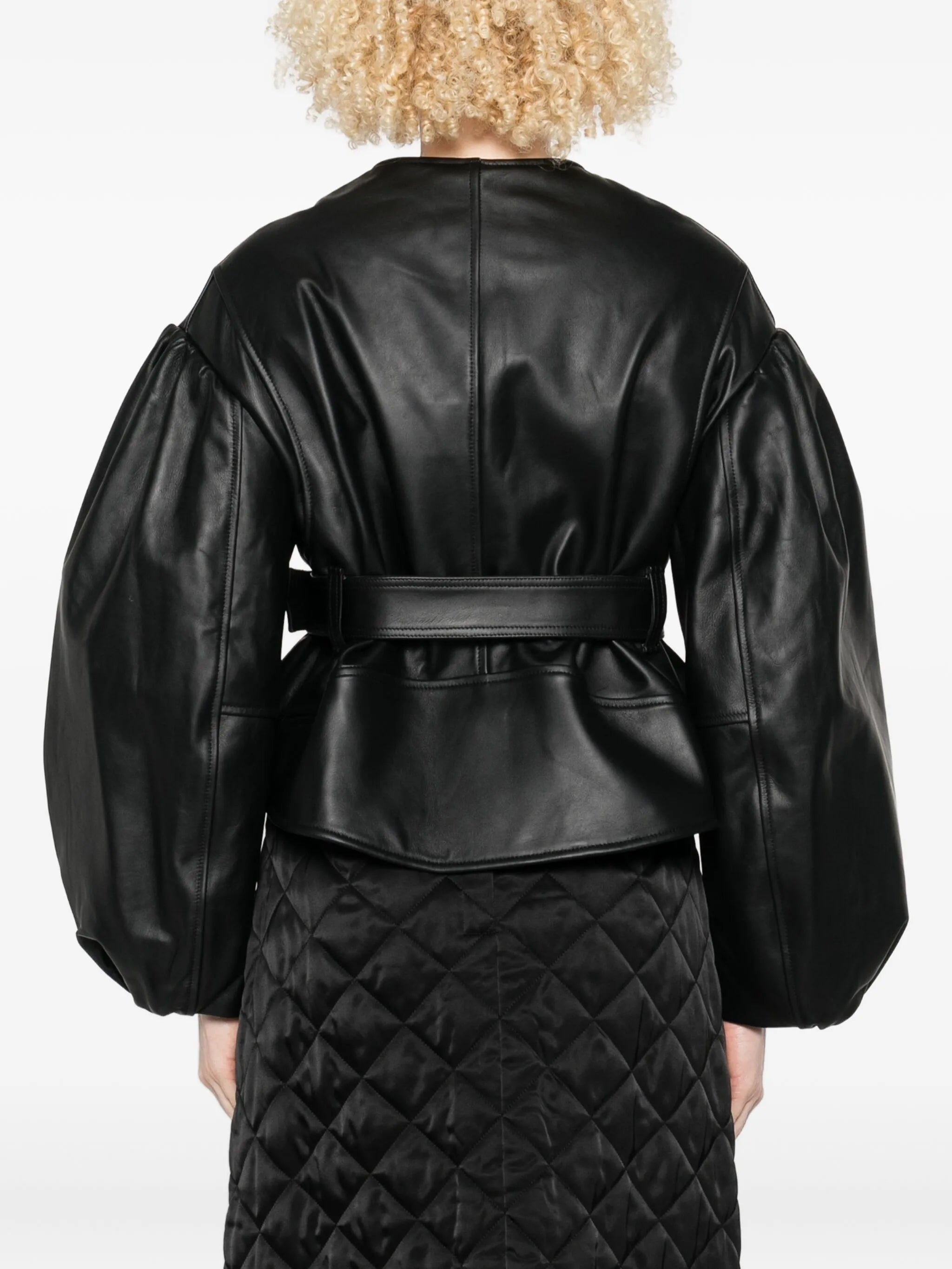 belted puff-sleeve leather jacket