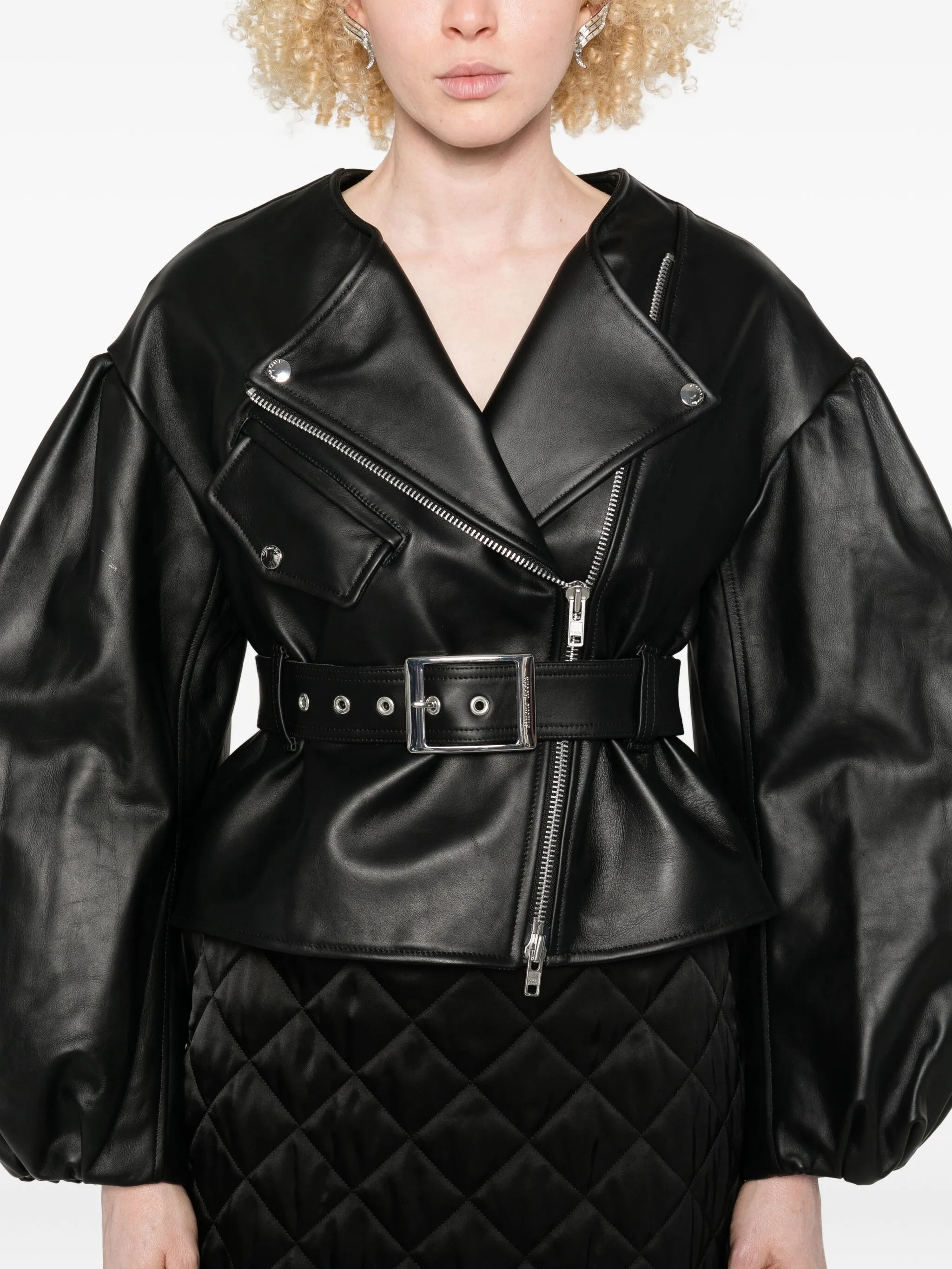 belted puff-sleeve leather jacket