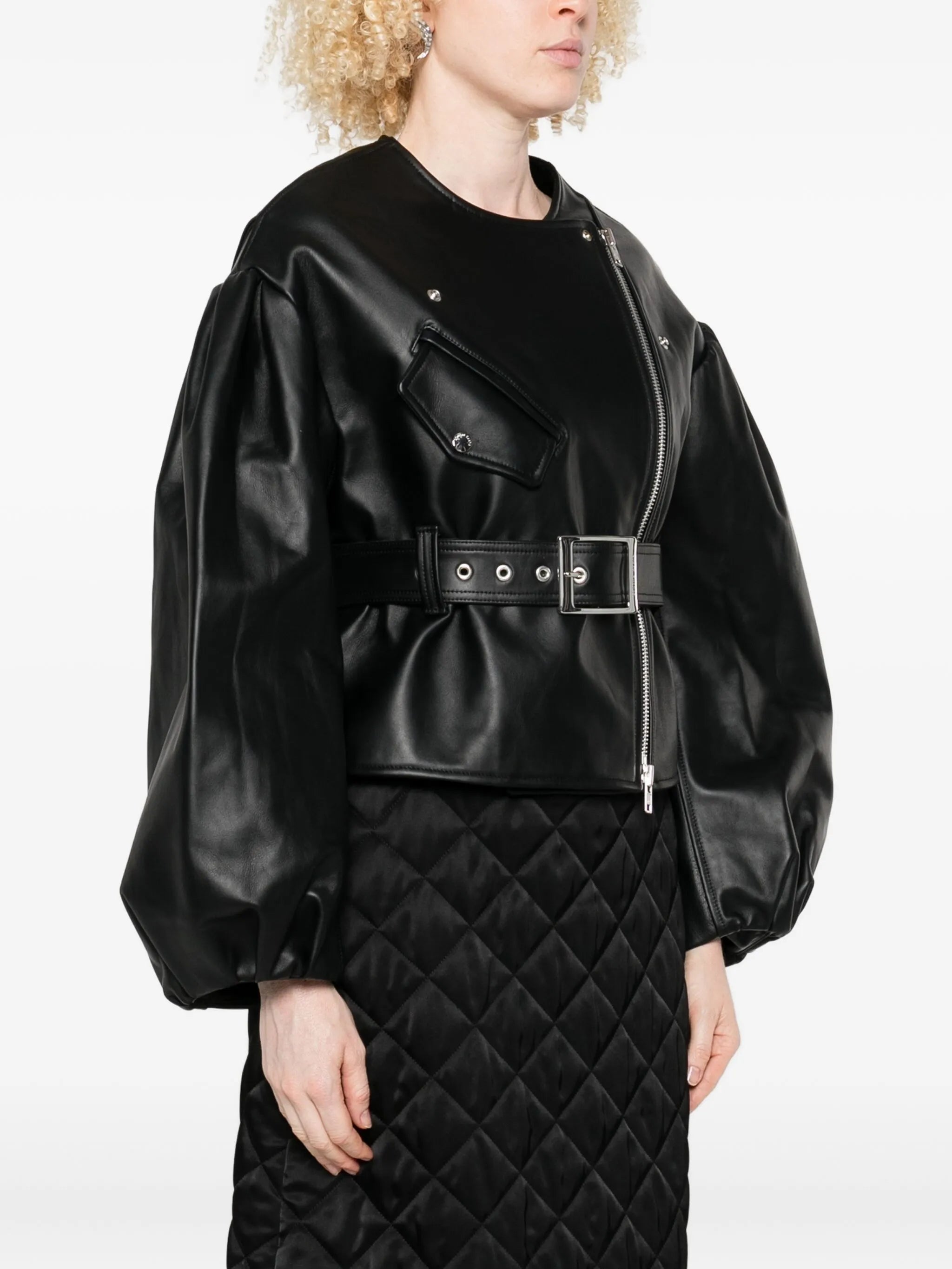 belted puff-sleeve leather jacket