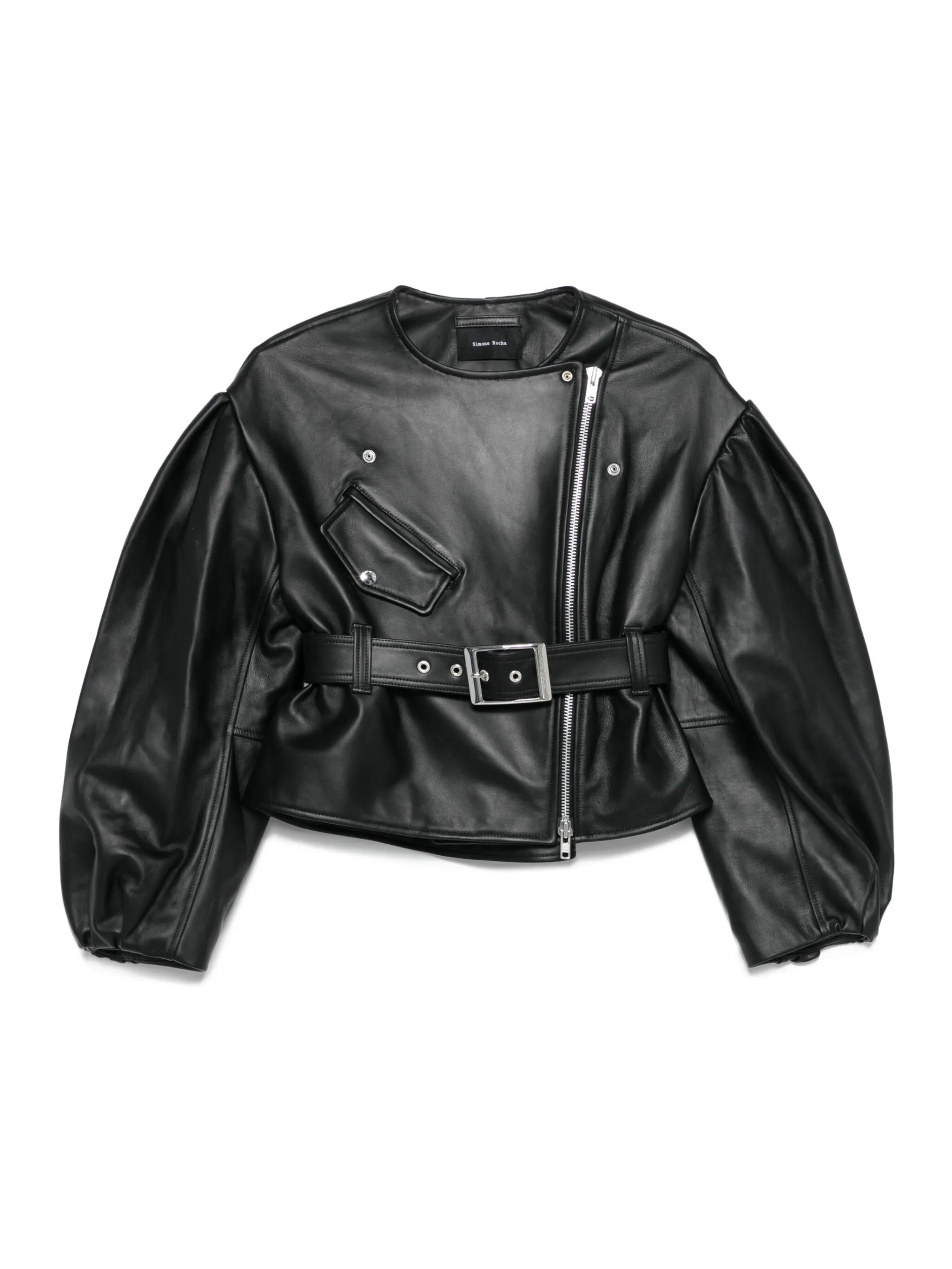 belted puff-sleeve leather jacket