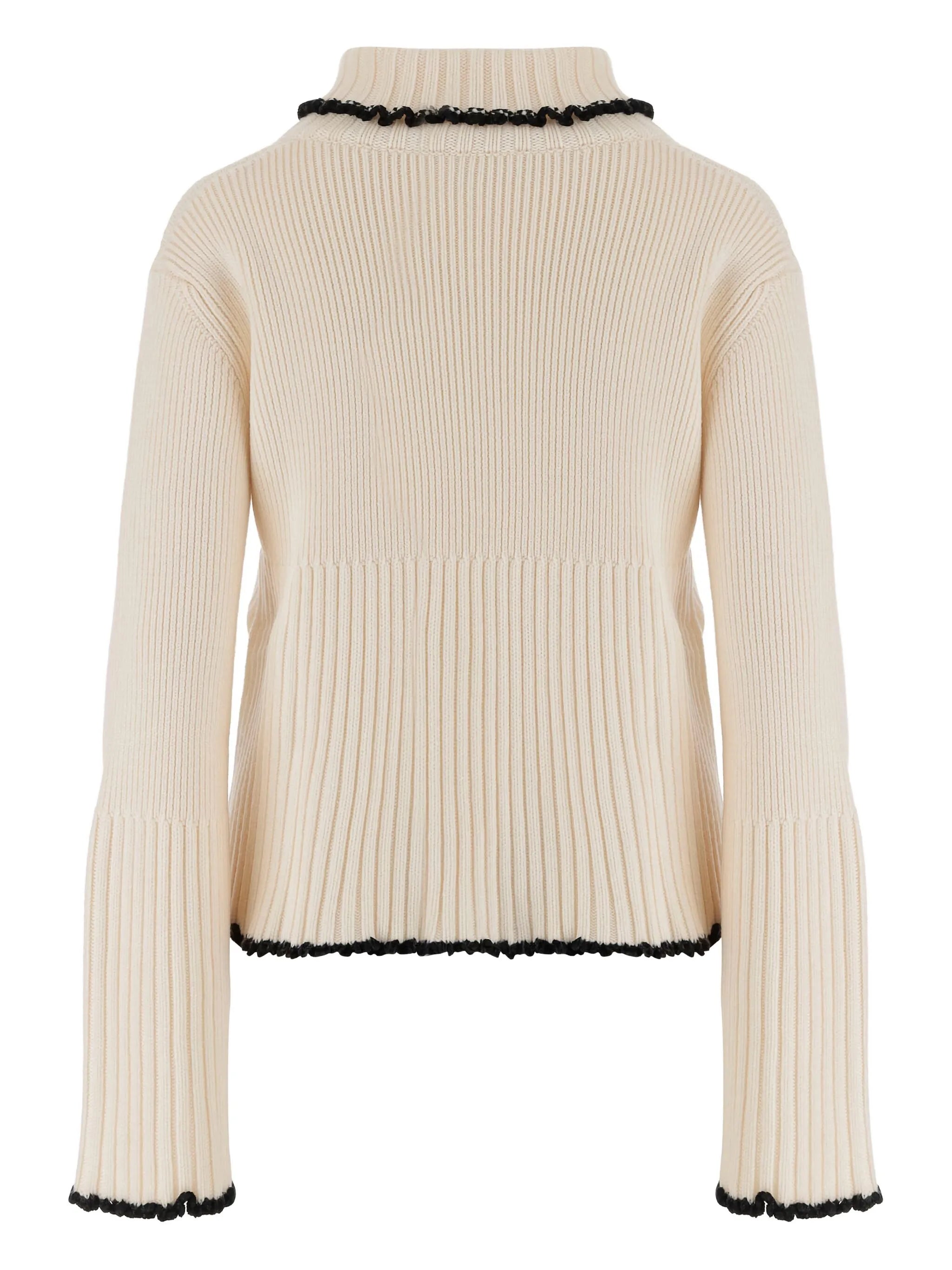 ribbed high-neck ruffled sweater