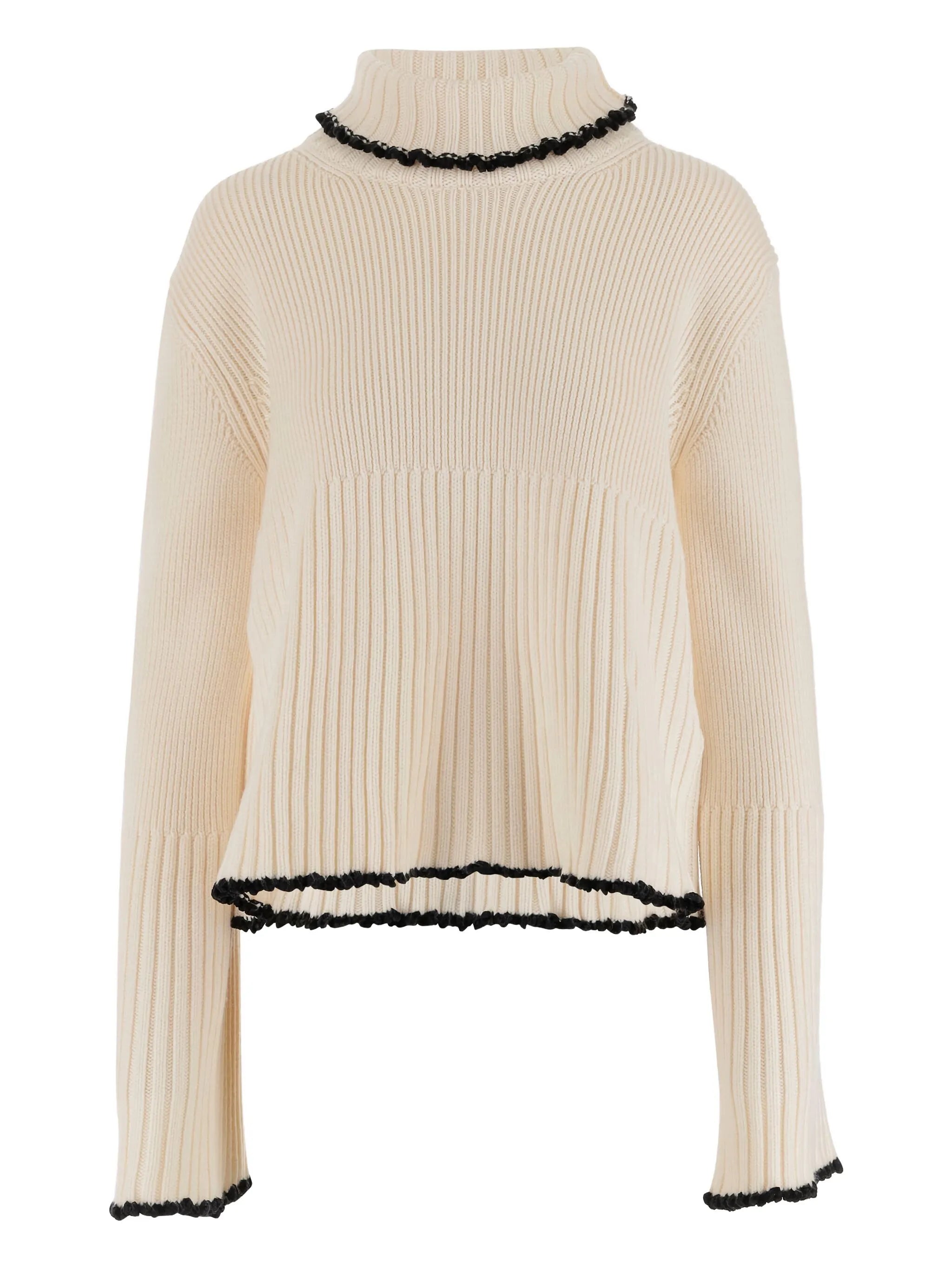 ribbed high-neck ruffled sweater