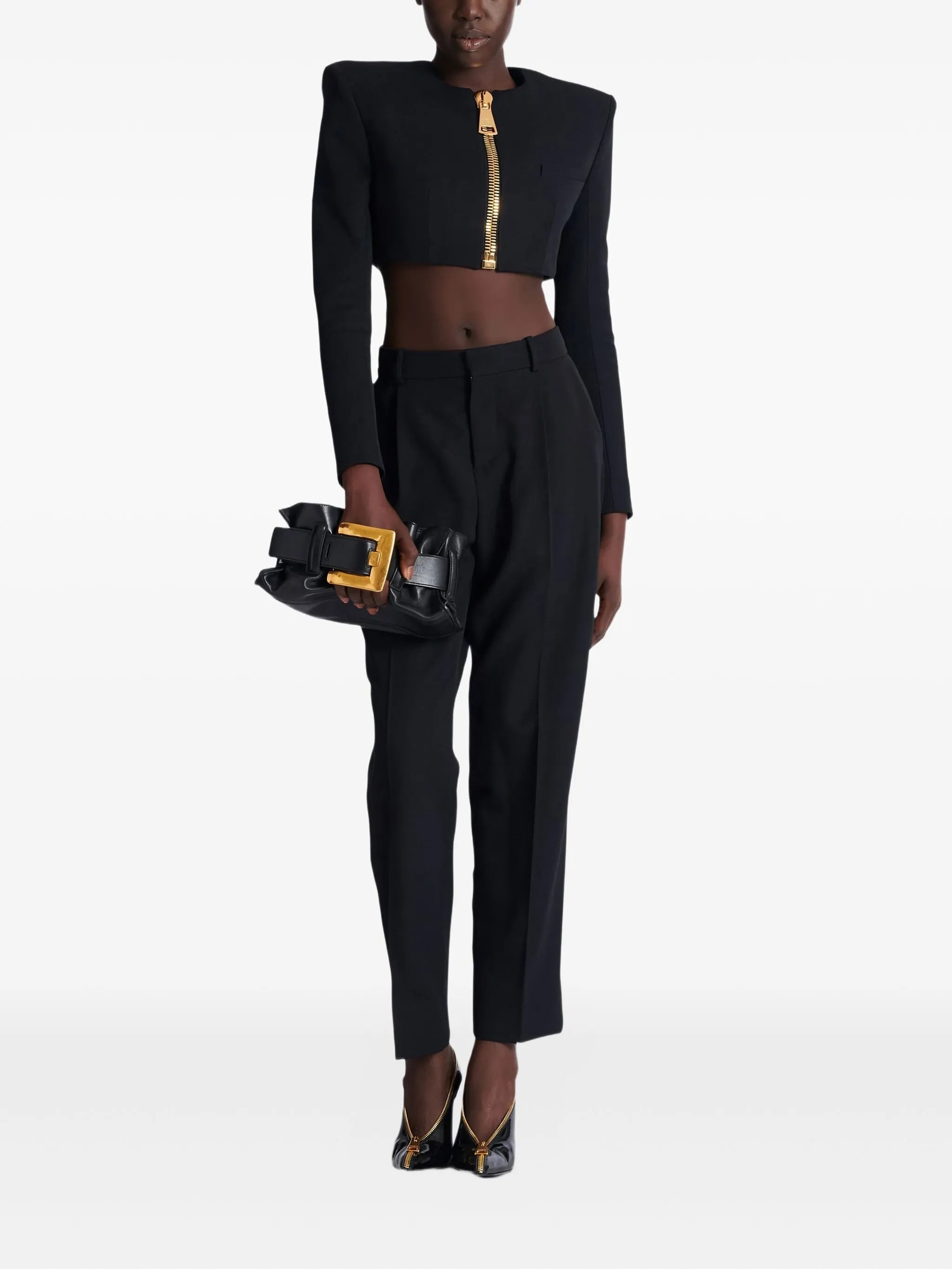 padded-shoulder zip-front jacket