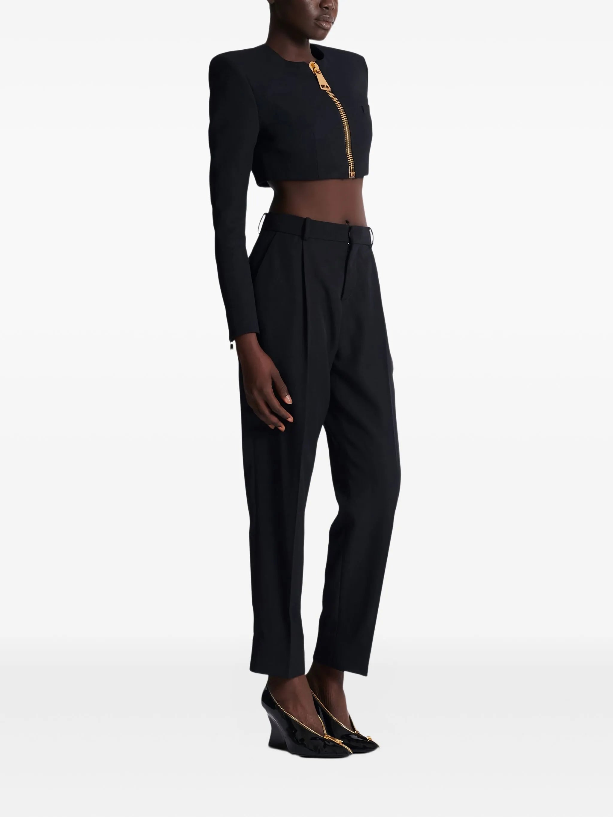 padded-shoulder zip-front jacket