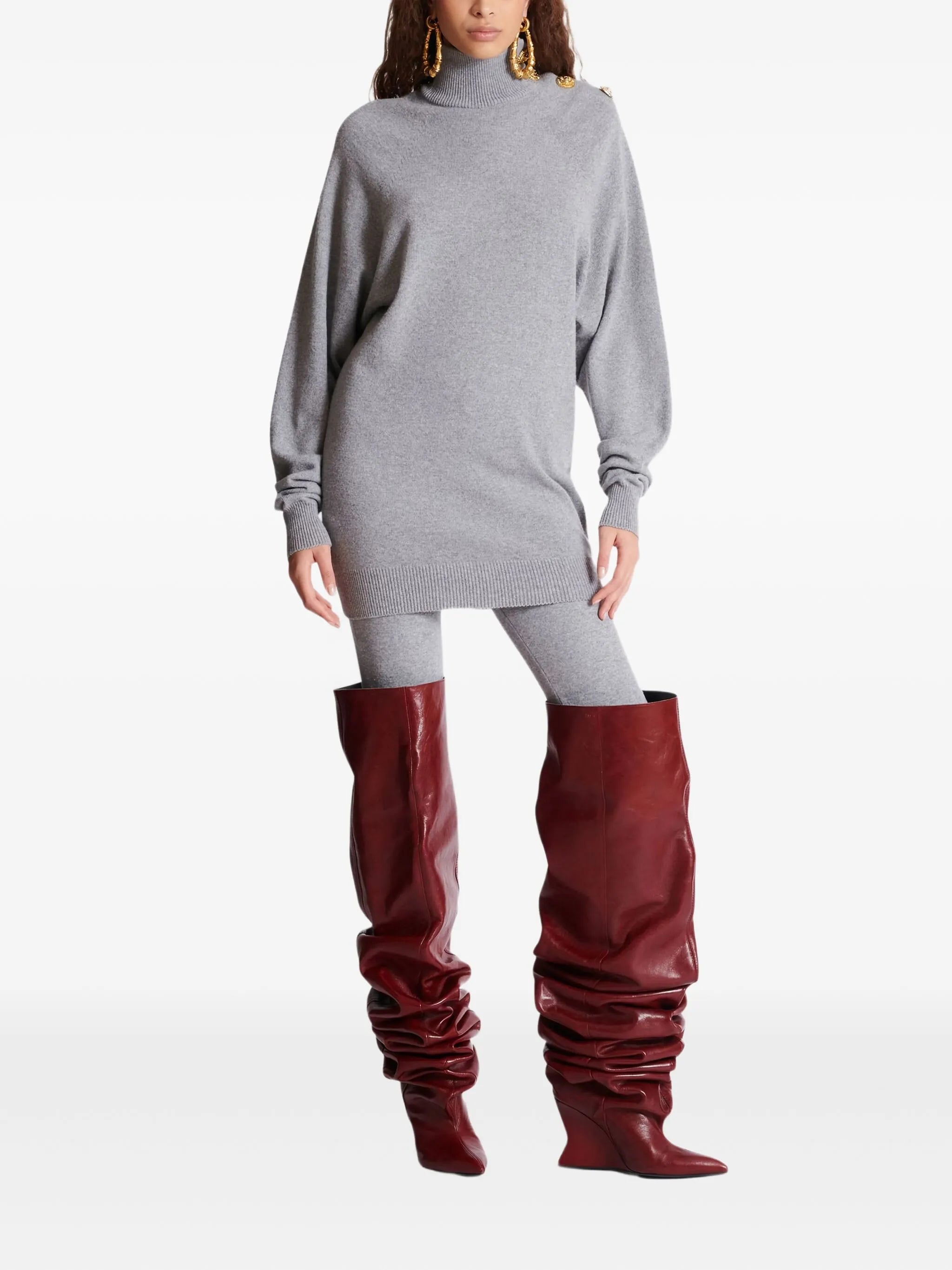 high-neck button-embellished jumper dress