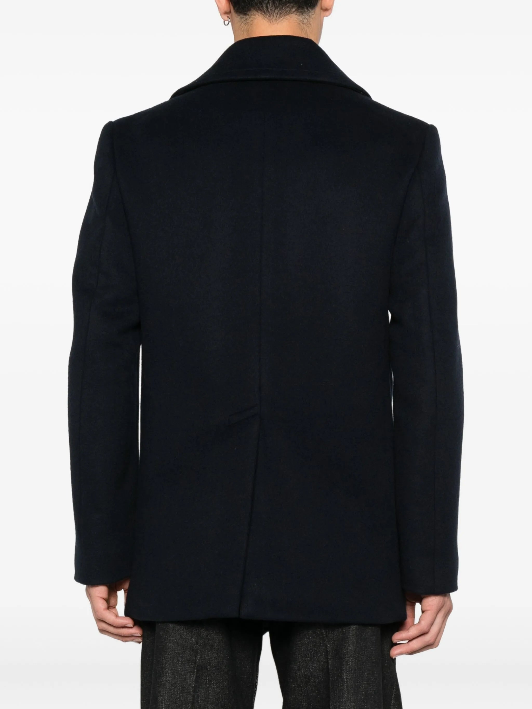 double-breasted gold-button peacoat