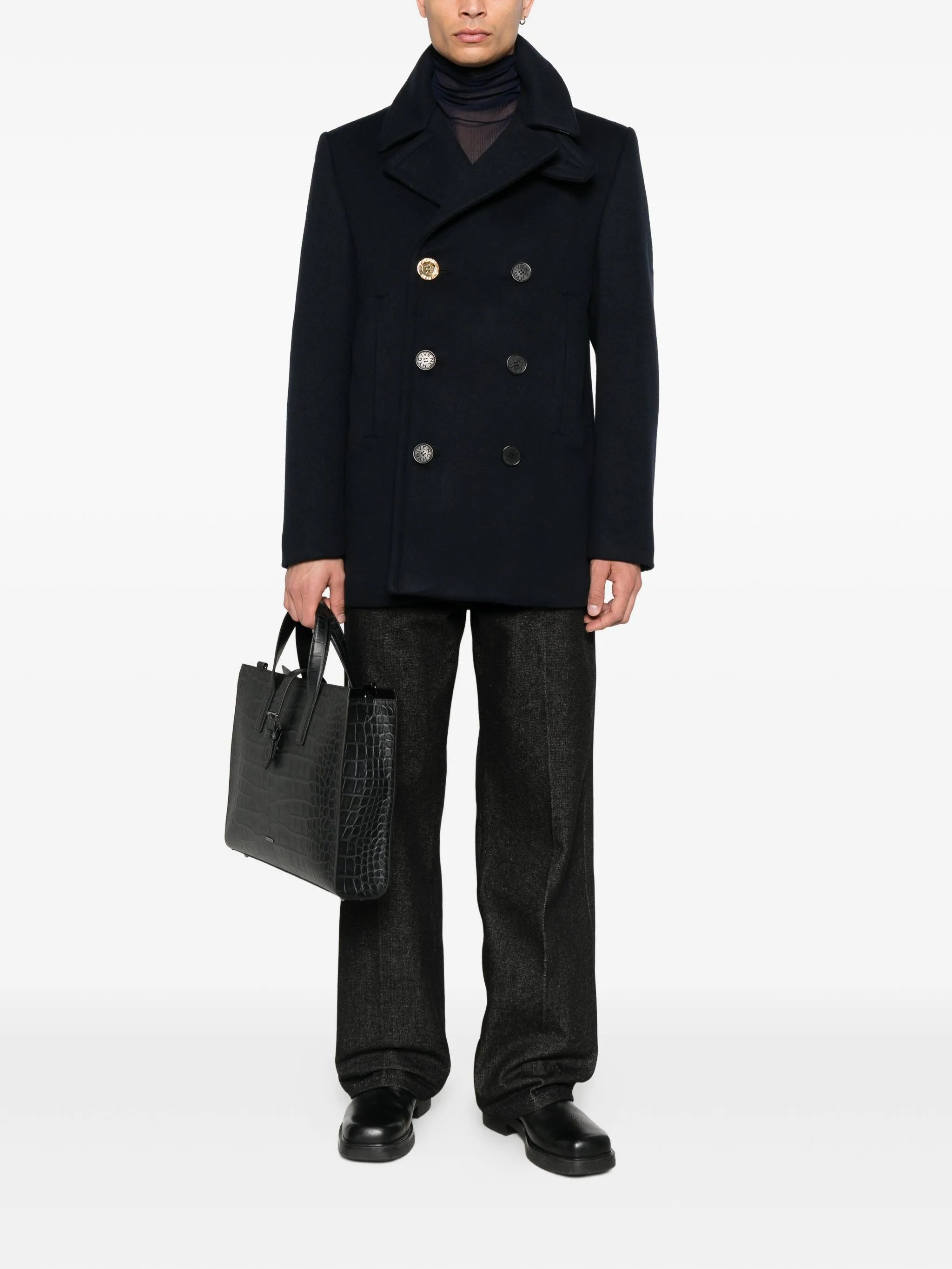 double-breasted gold-button peacoat