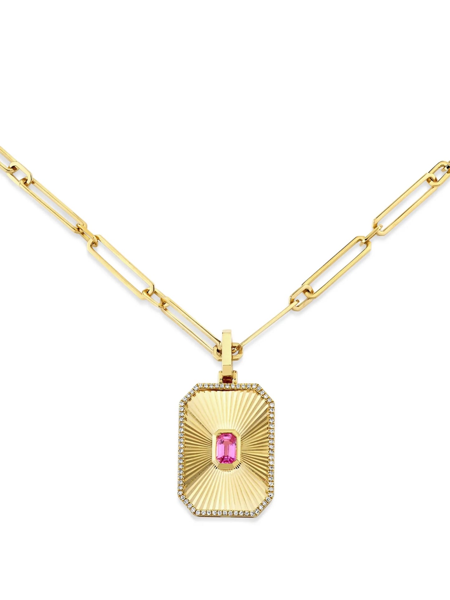 18K yellow gold deco pendant pink sapphire necklace
