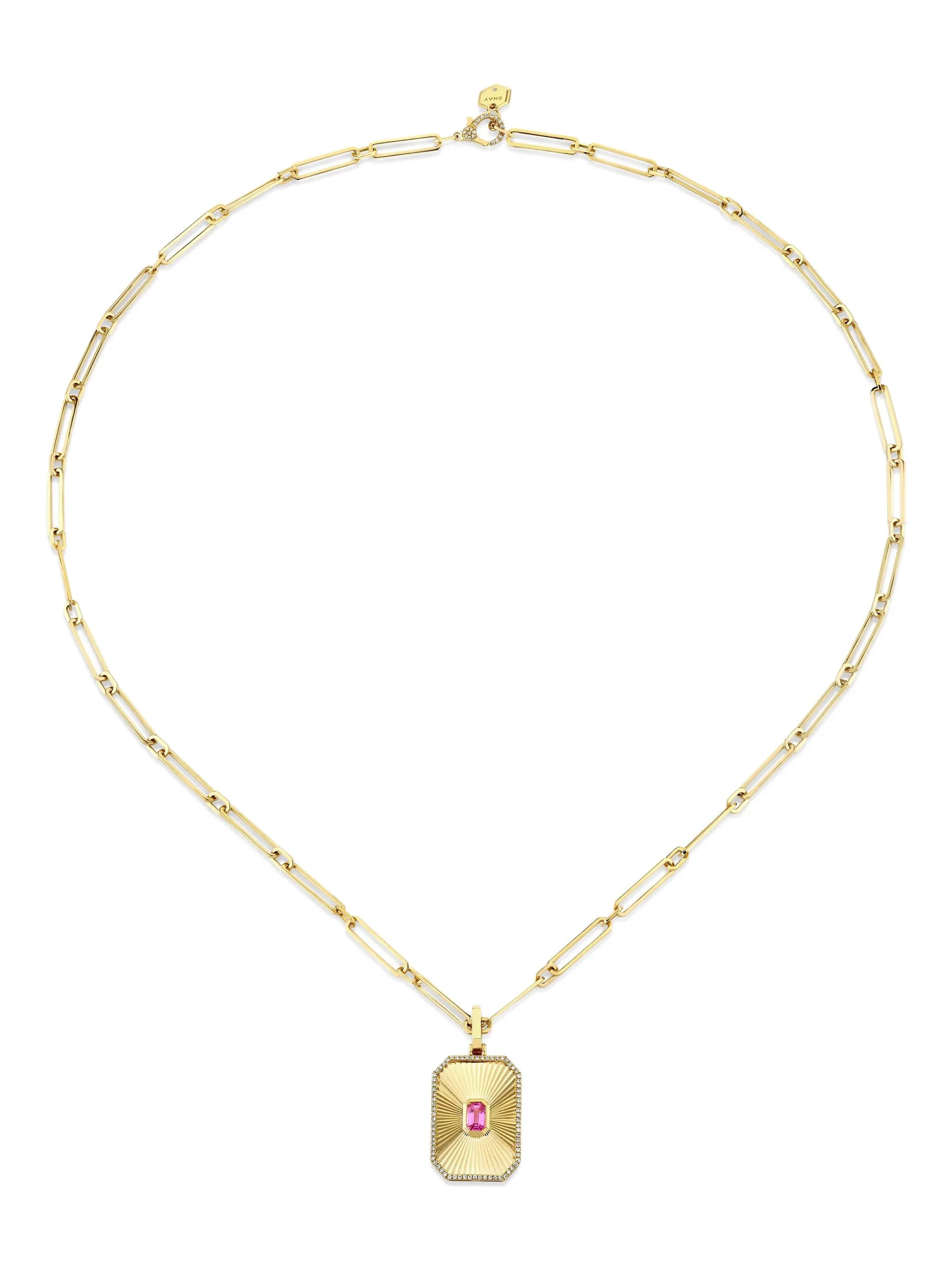 18K yellow gold Deco Pendant pink sapphire necklace