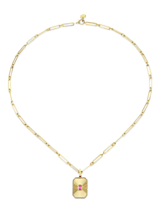 18K yellow gold Deco Pendant pink sapphire necklace