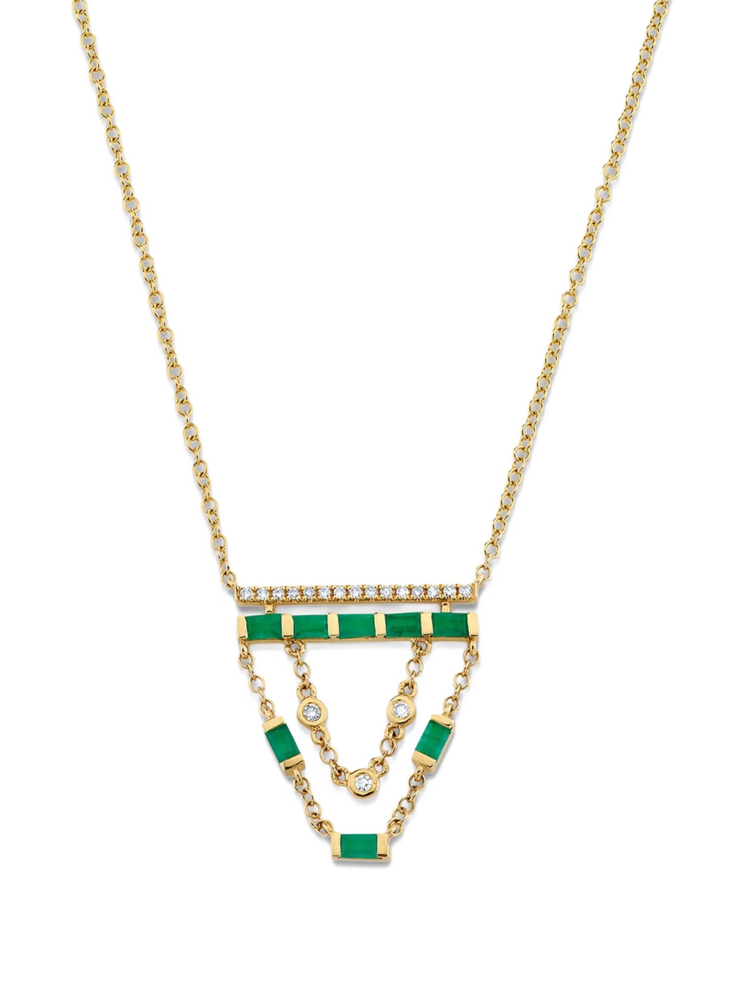 18CT yellow gold cascade emerald and diamond necklace