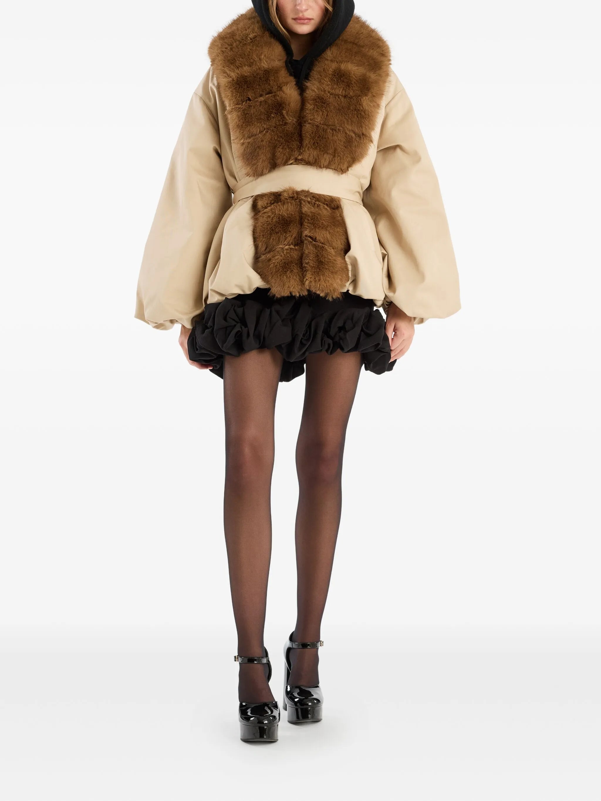 trimmed-collar belted jacket