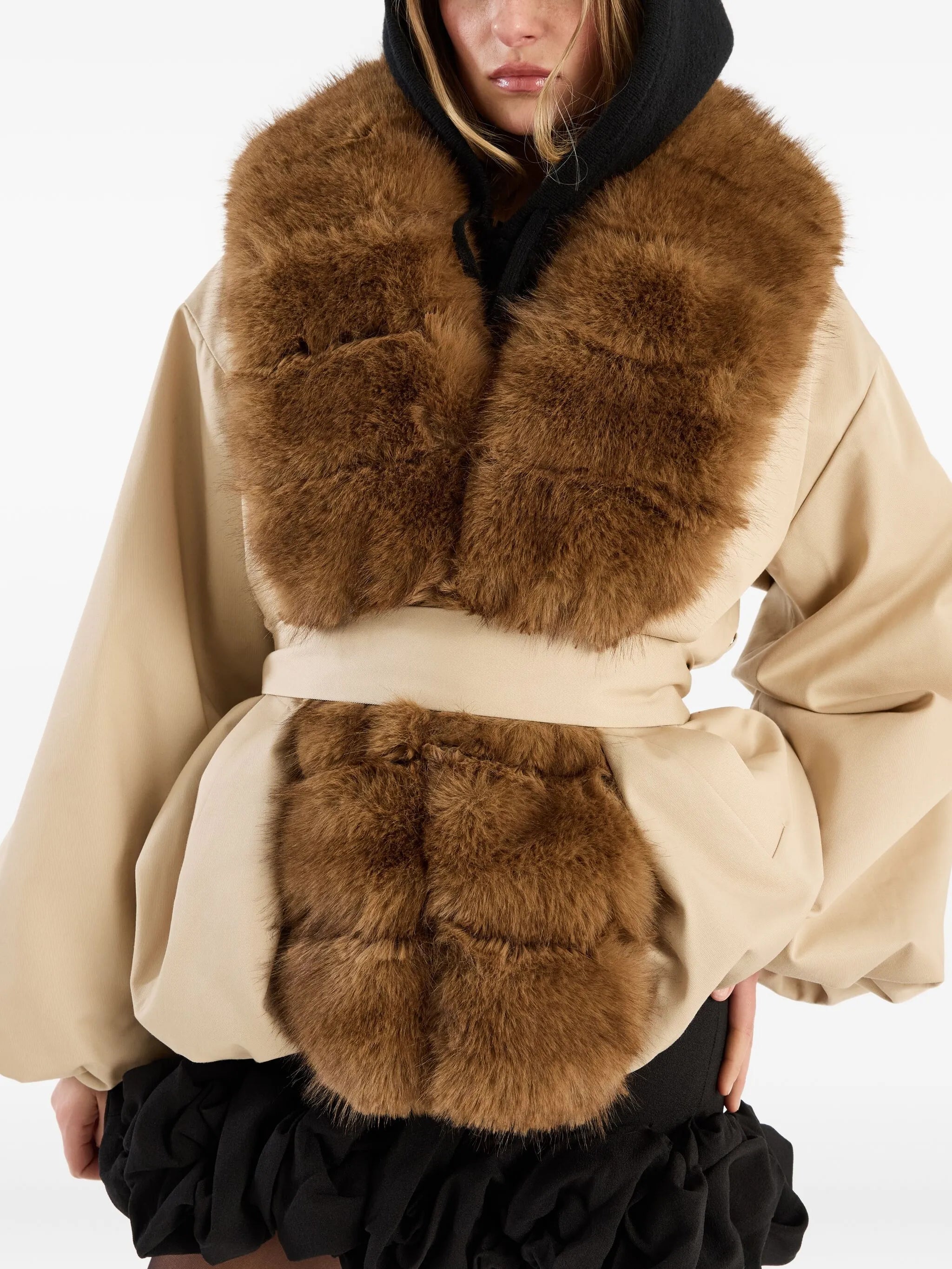 trimmed-collar belted jacket