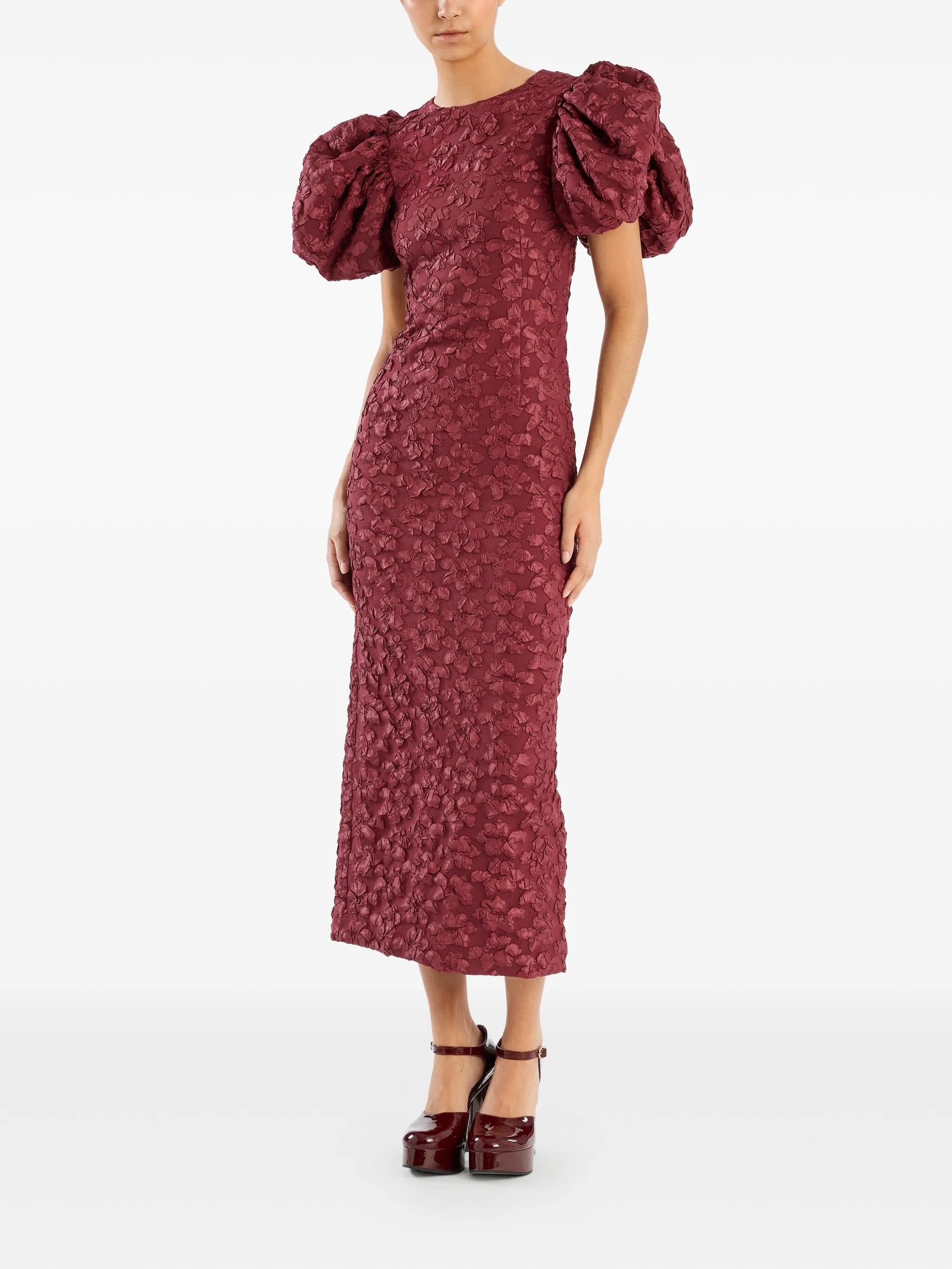 puff-sleeve jacquard midi dress