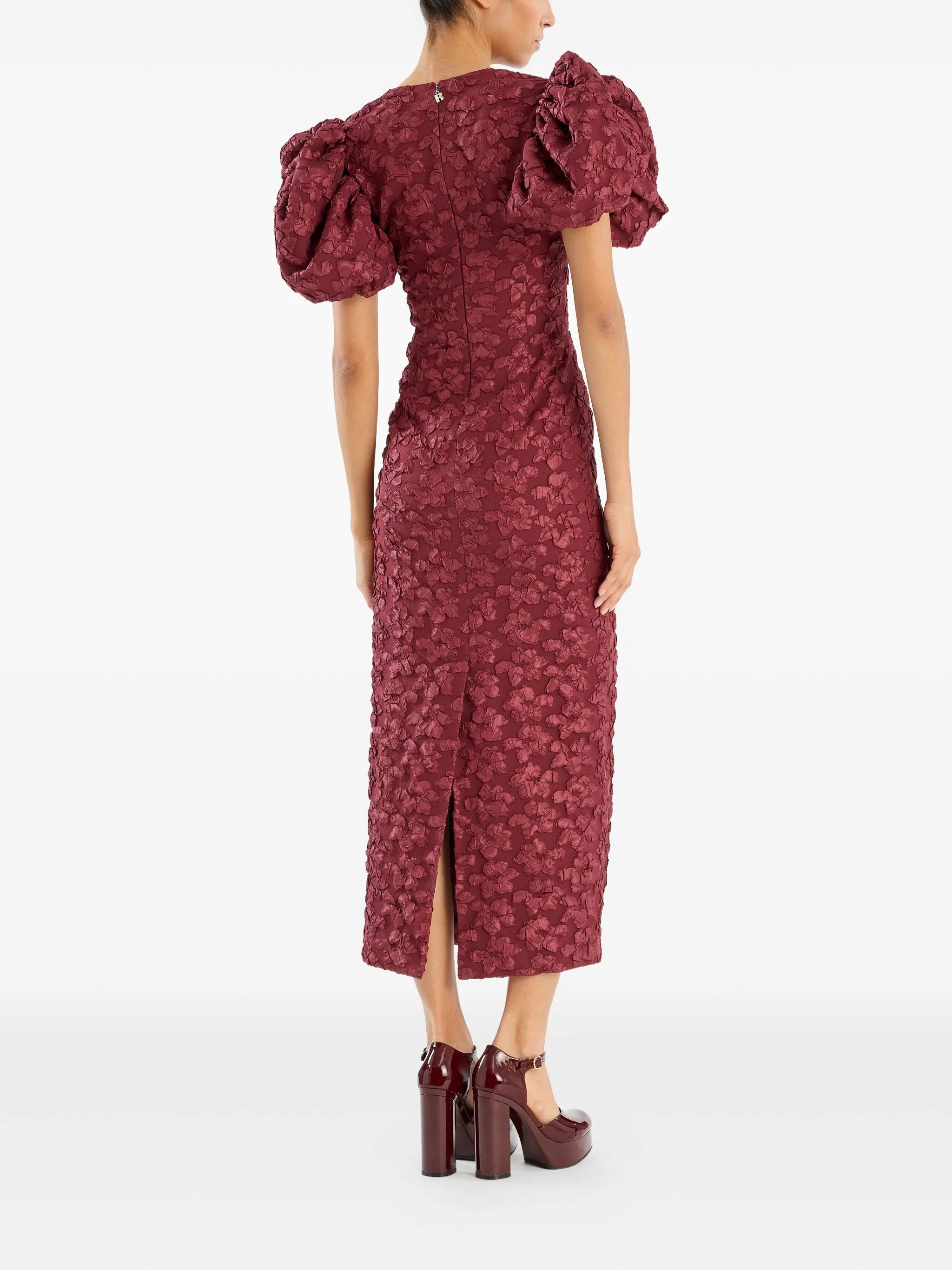 puff-sleeve jacquard midi dress