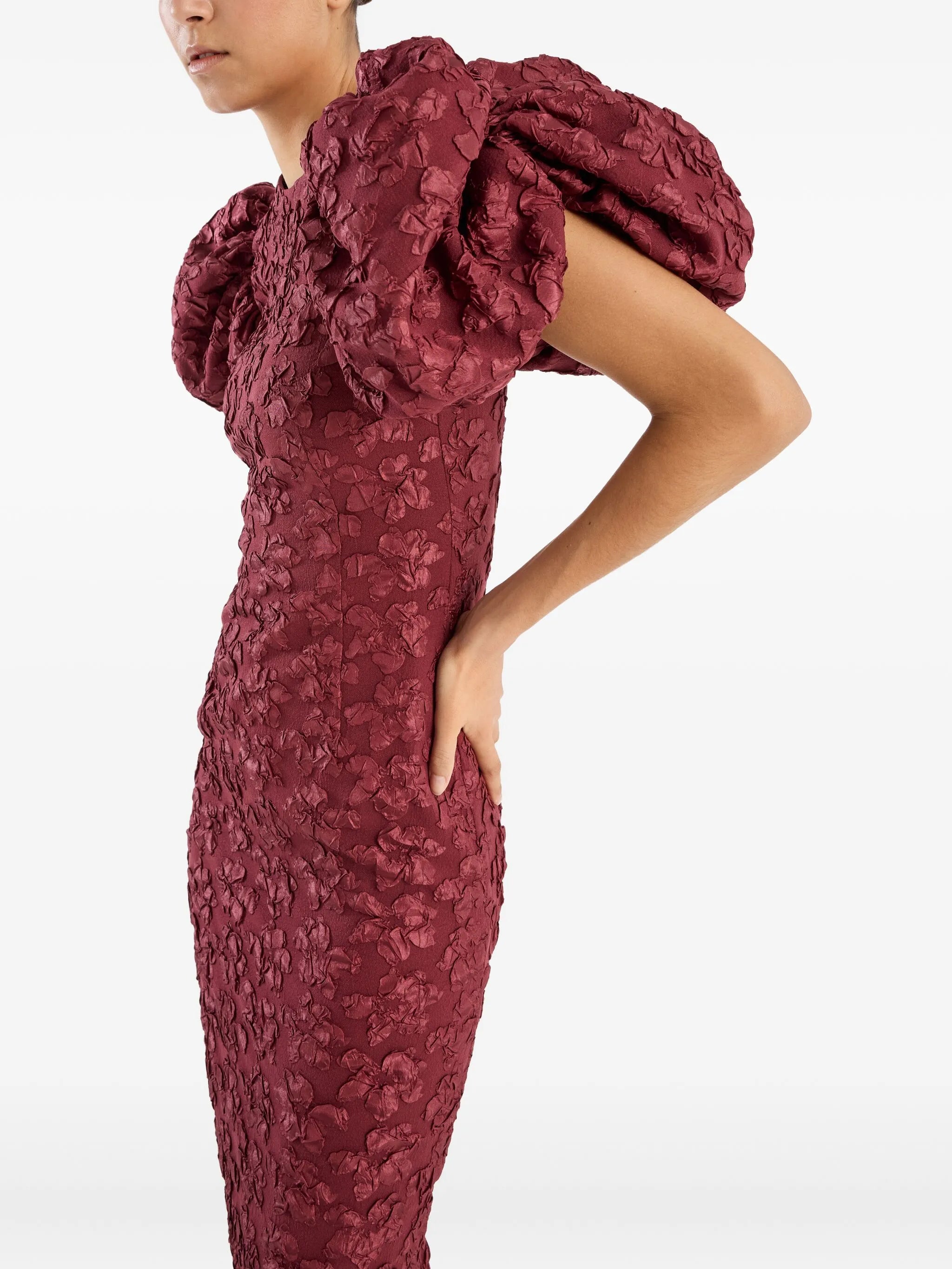 puff-sleeve jacquard midi dress