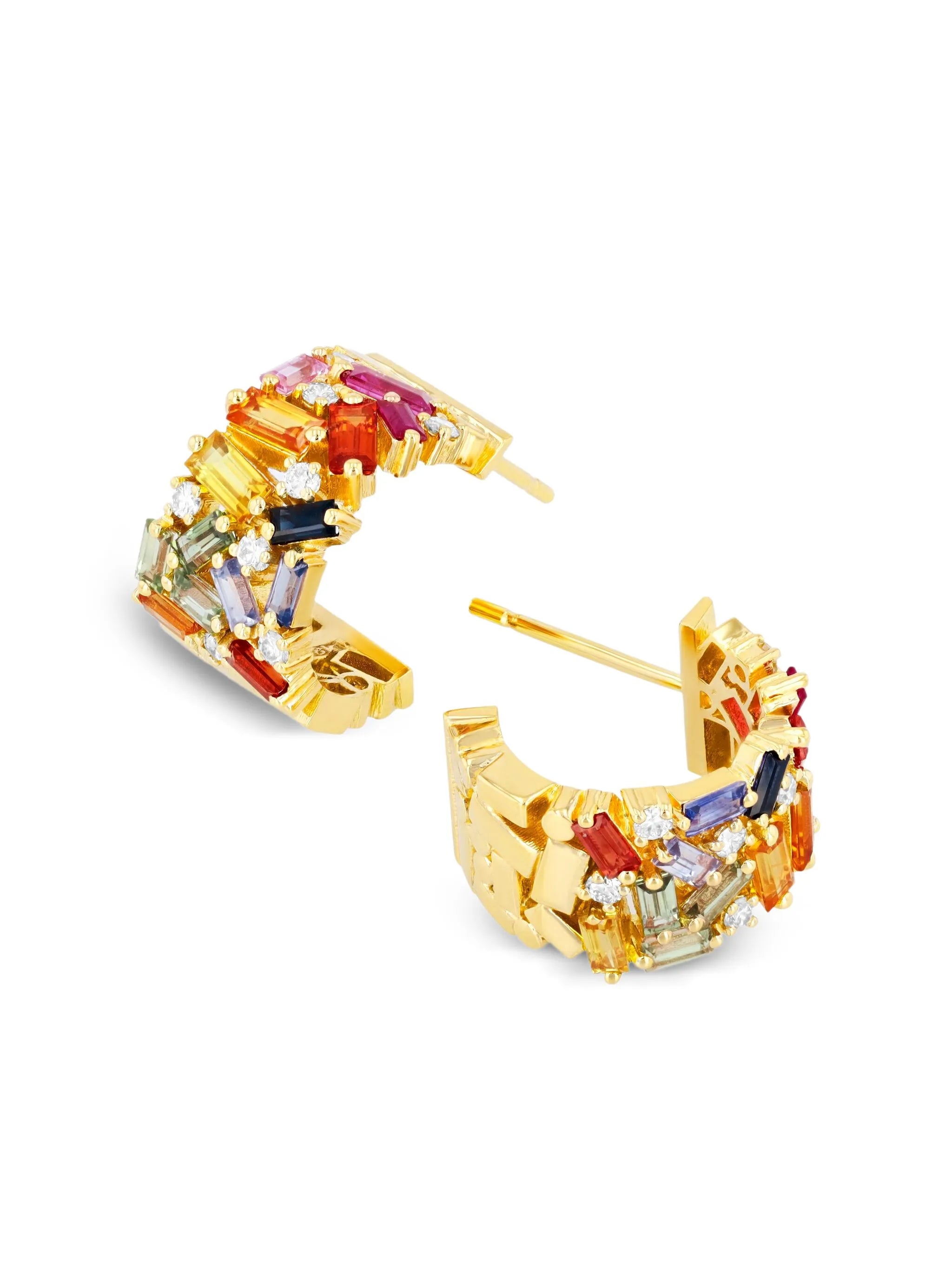 18K yellow gold Frenzy rainbow sapphire mini hoops