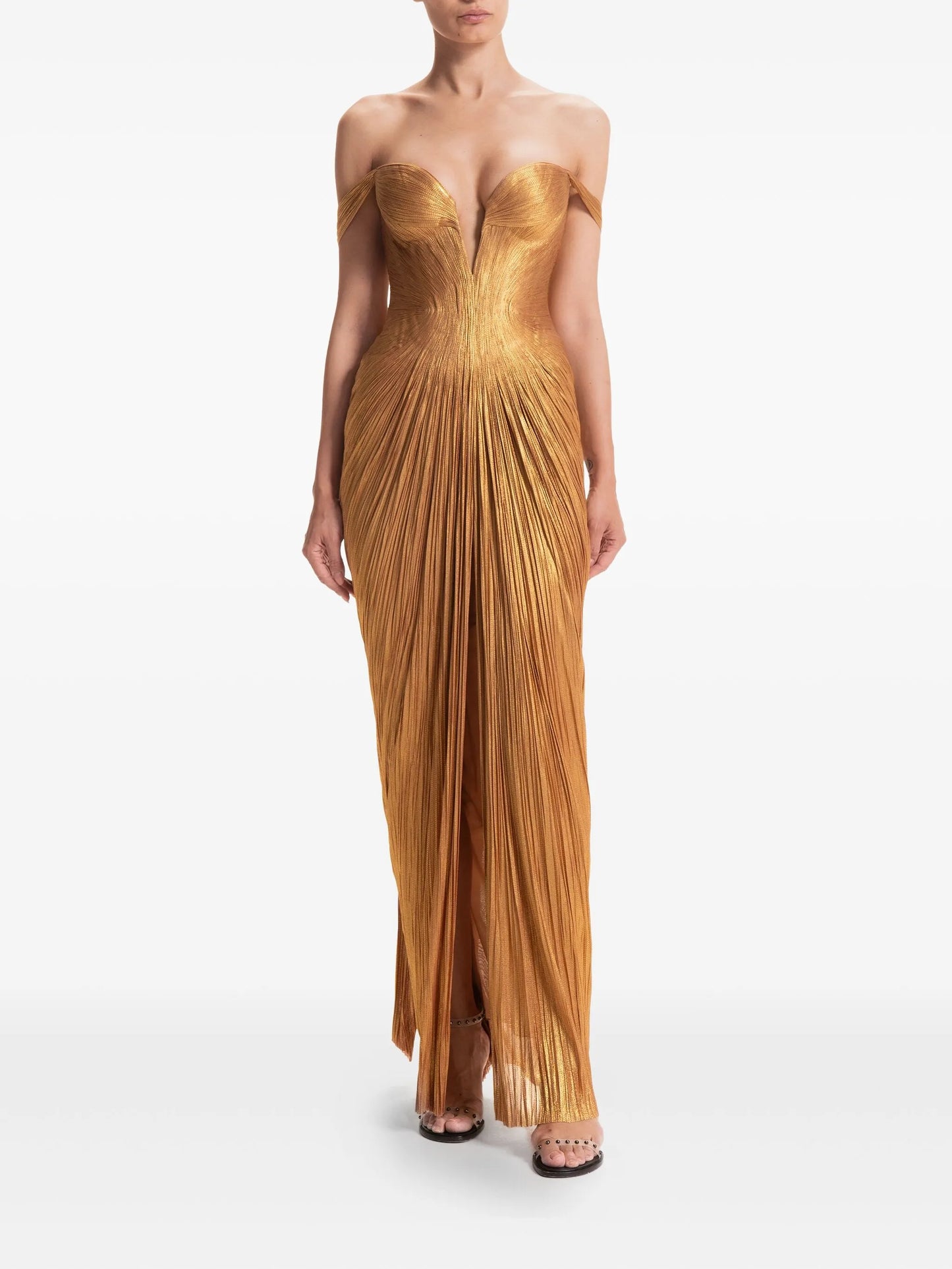 Martina pleated off-shoulder gown