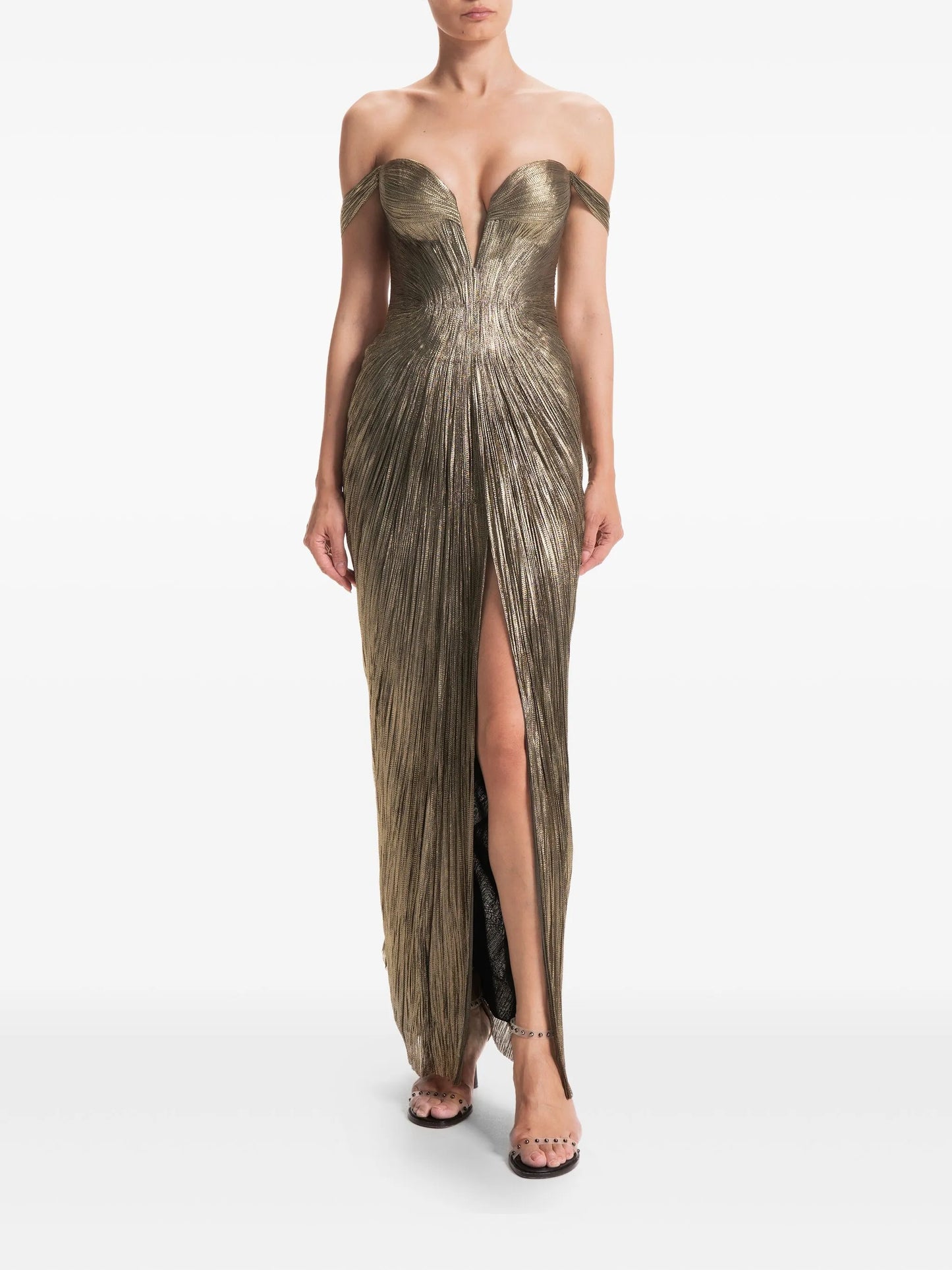 pleated off-shoulder maxi dress