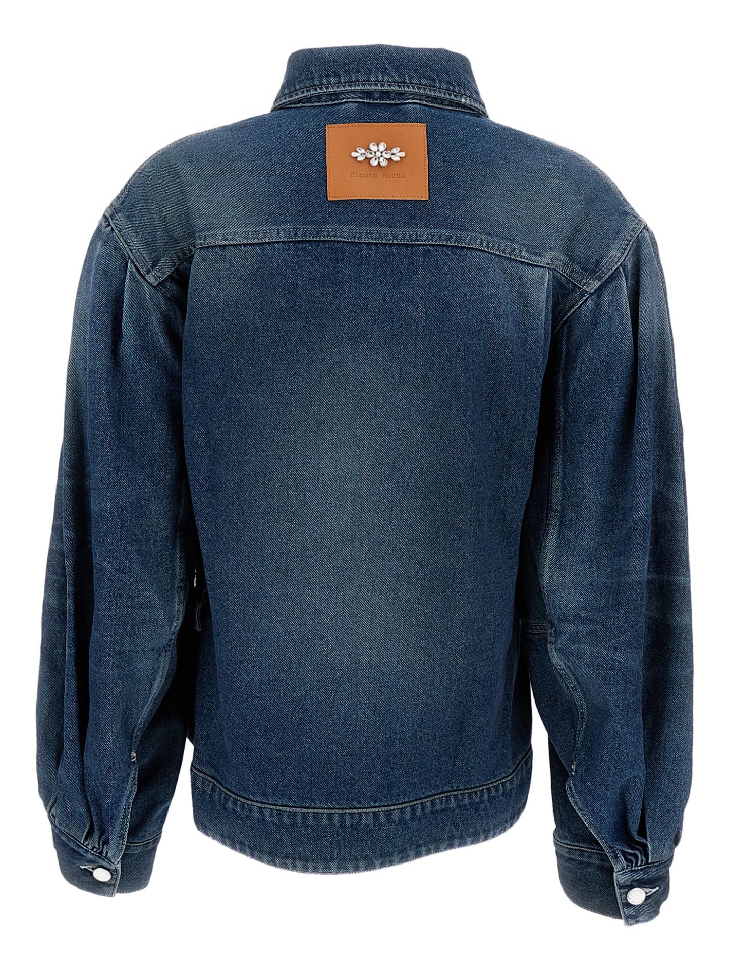 pearl-embellished belted denim jacket