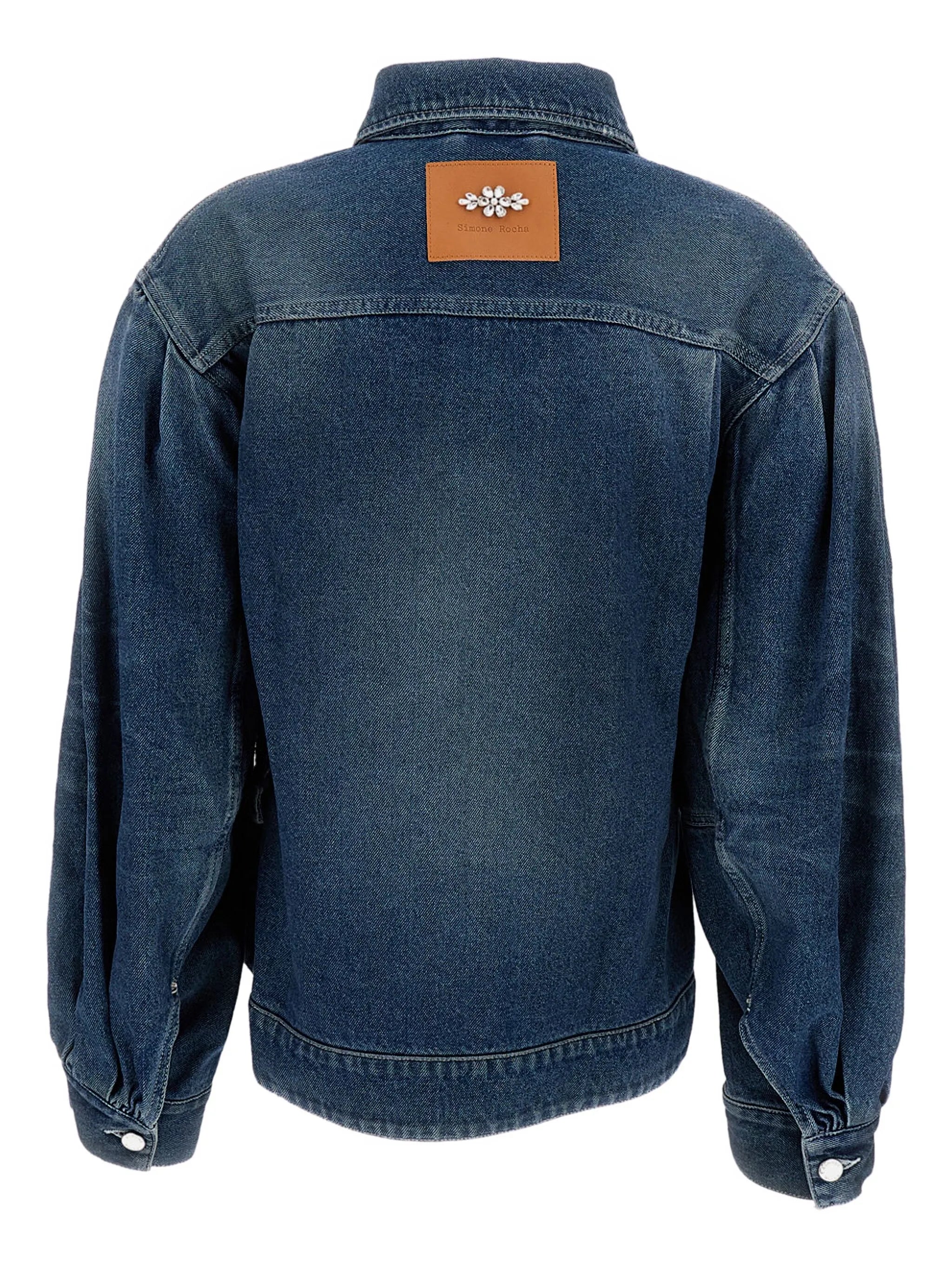 pearl-embellished belted denim jacket